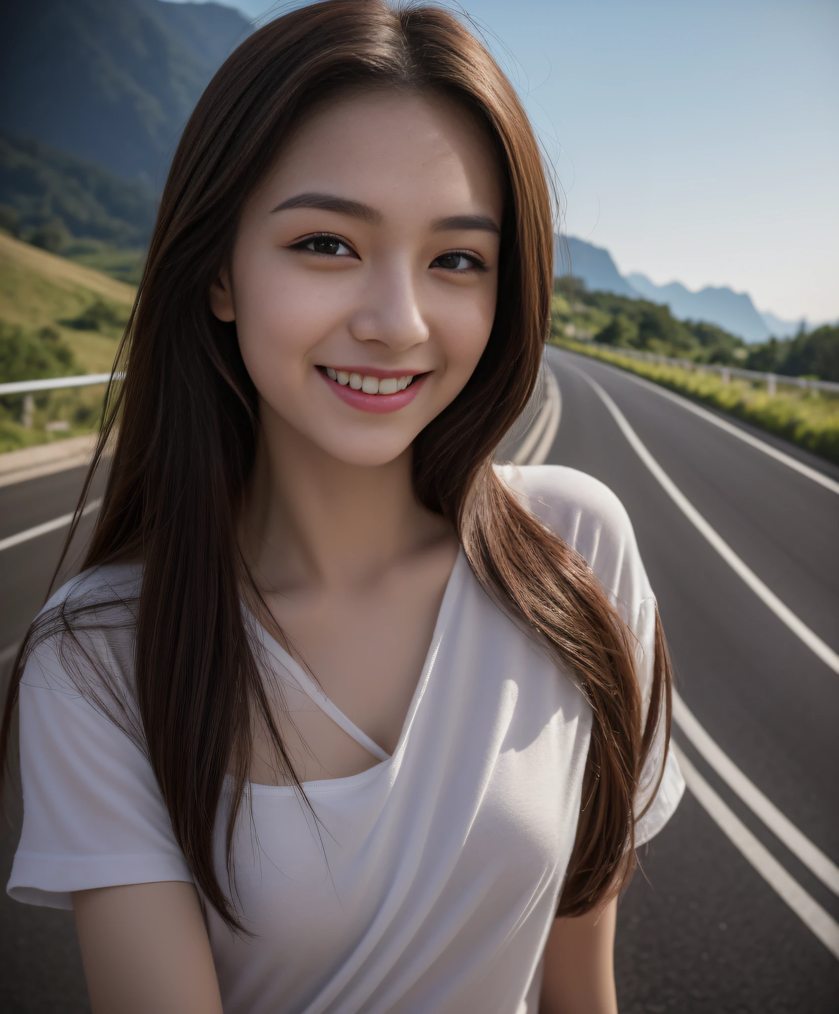 ((Day, Best quality, 8k, Masterpiece:1.3, Realistic)), Whole body, Long legs:1.2, Sharp Focus:1.2, A pretty woman with perfect figure, Slender abs, ((1 girl, Long dark brown hair, Medium breasts)), ((Loose thin tshirts, Sitting on middle of highway road, Mountain valley highway, Mountain valley highway background)), (Dynamicposes:1.2, Soft lighting, Looking at viewers, Side angle view, Fashionable), Single shot, 1 girl, Highly detailed face and skin texture, Detailed eyes, Double eyelid, (Characters play), (Smiling), Seductive random pose, (Closeup camera view)