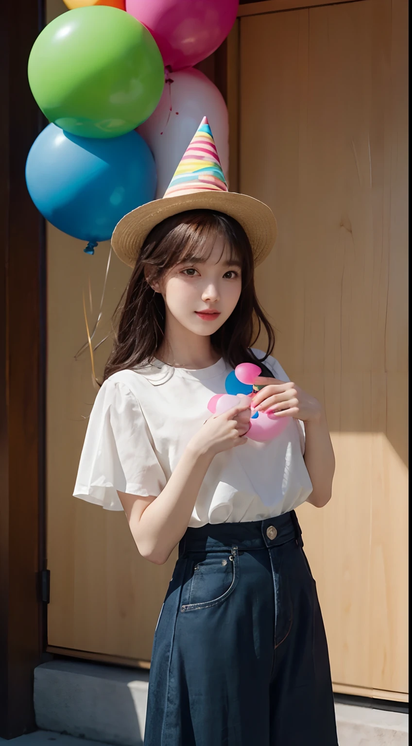 araffe girl holding a balloon and a party hat, jaeyeon nam, jinyoung shin, inspired by Kim Jeong-hui, kim doyoung, park ji-min, hong june hyung, promo still, official artwork, hwang se - on, lee ji-eun, lee ji - eun, lalisa manobal, fanart, sun yunjoo, promo shot