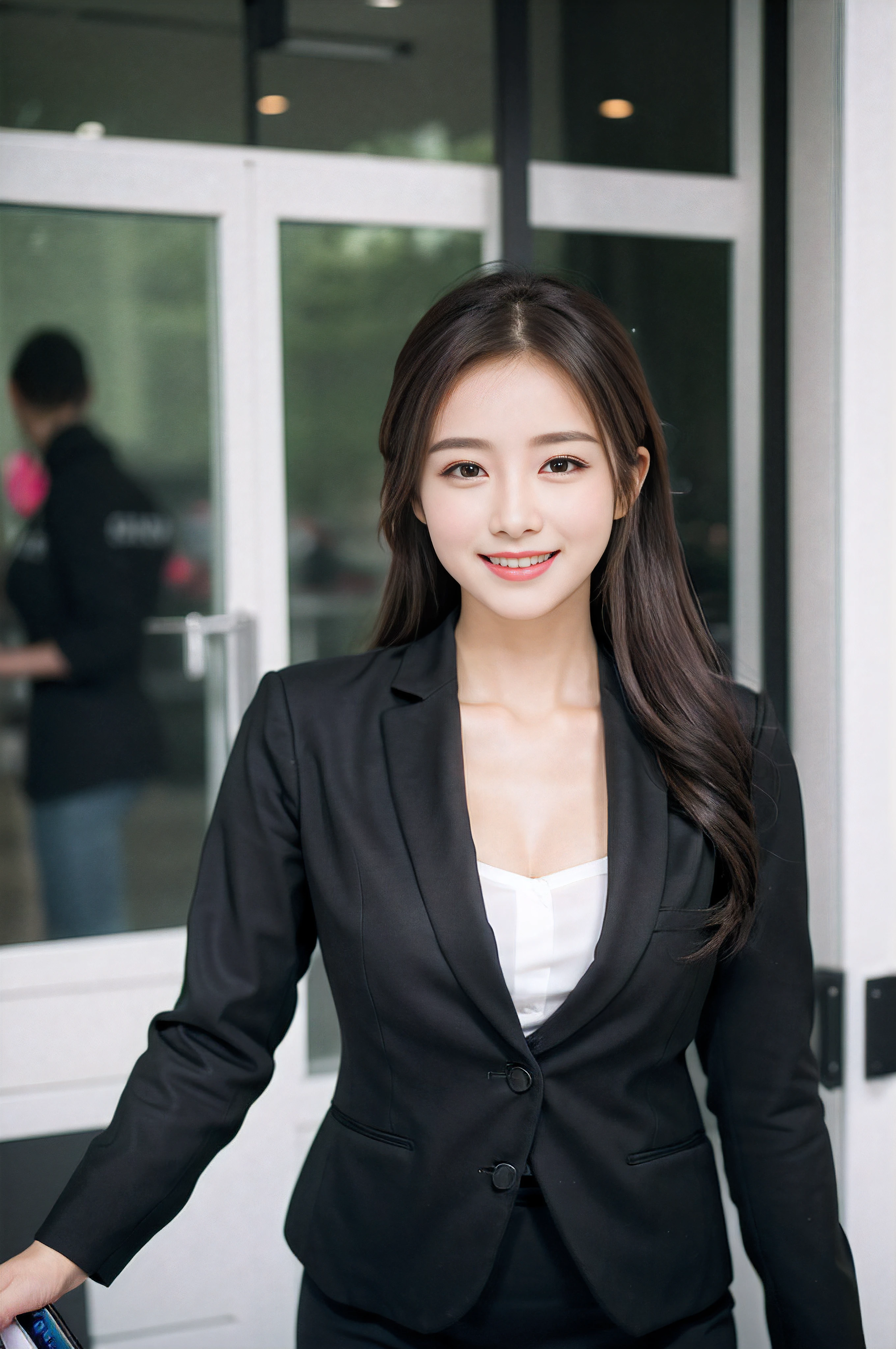 Wagas、Calling on your smartphone、Beautiful woman、business sui、Black jacket、White button shirt、tight skirts、a picture、A detailed face、Detailed lips、A detailed eye、a smile