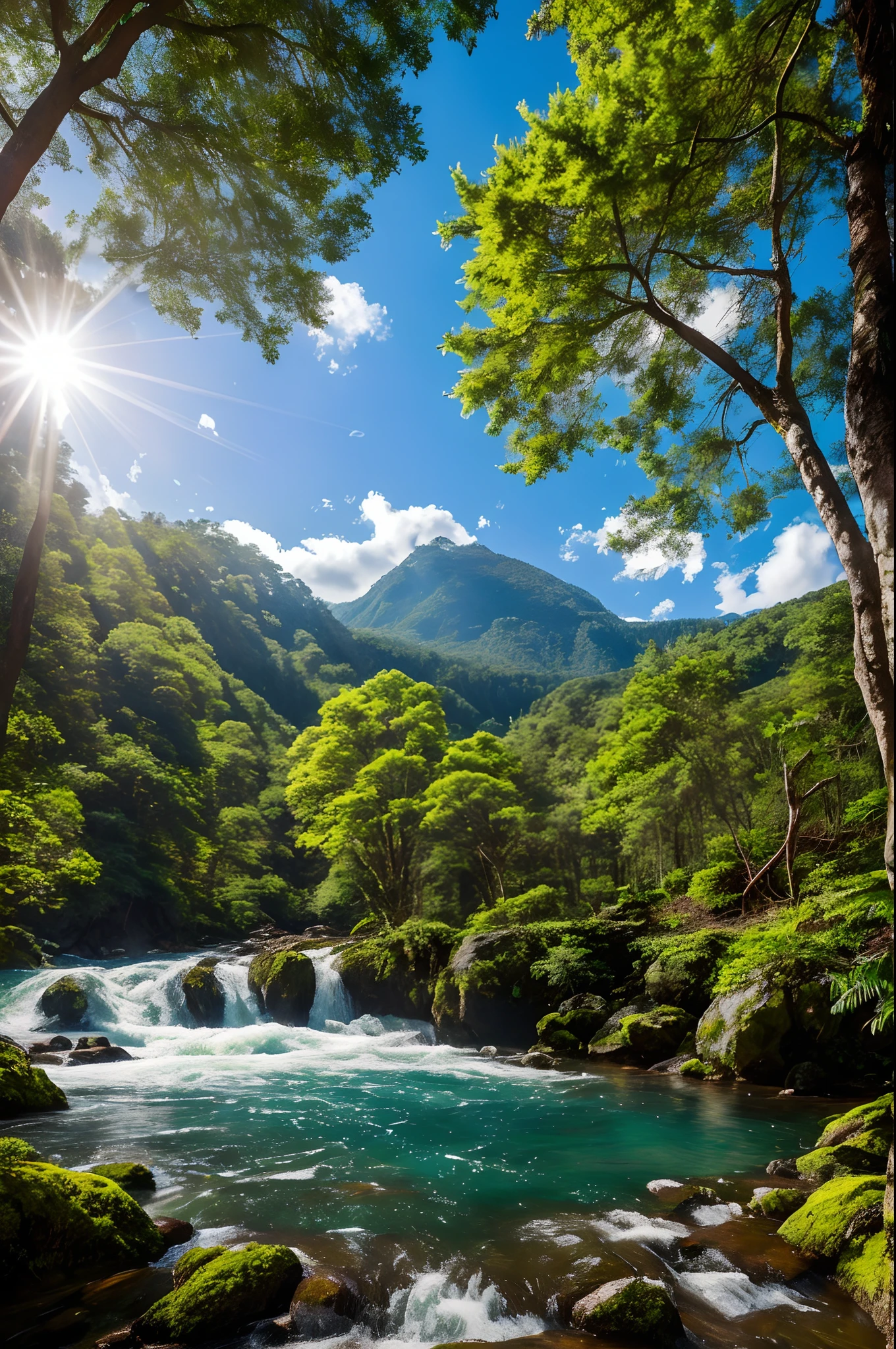 floresta exuberante、Bark texture、The foliage is luxuriant、A lush、with blue sky and white clouds、and the sun was shining brightly、High mountains and flowing water、high definition detail、Hyper-detailing、Soft light、Real-world scenarios、Deep field focus bokeh、Ray tracing and surrealism。