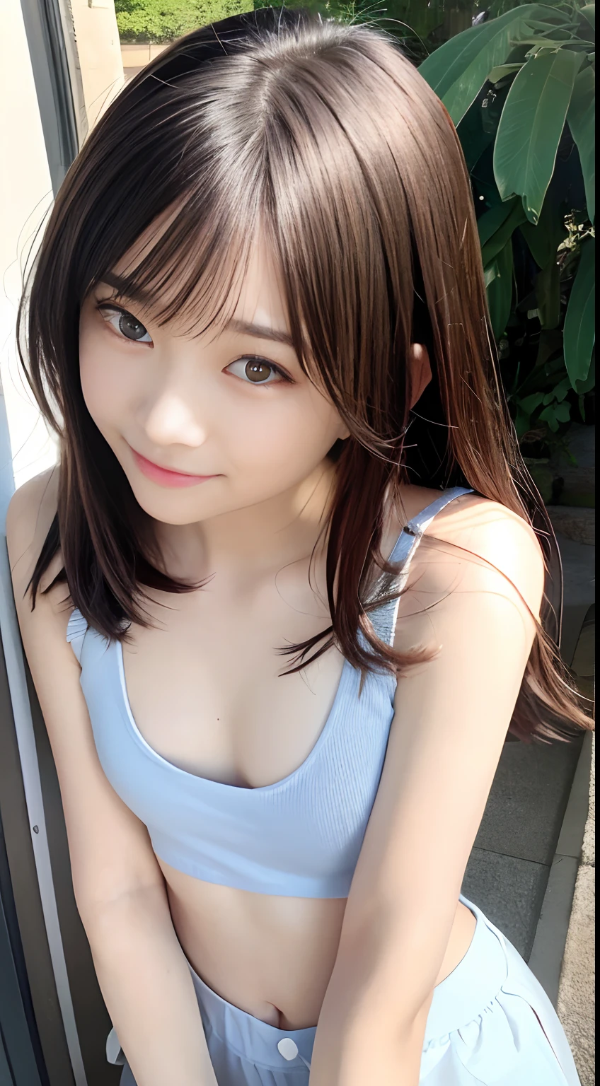(Raw photography:1.2)、top-quality、Detailed beauty、Beautiful Korean Woman、The most beautiful women in the world、Beautiful sharp face、面長、21years old、A smile、Happy smile、light brown hair、fluffy and voluminous hair、extra detailed face、beatiful detailed eyes、eye line、Nasal nose、a small face、small tits、tiny chest、Natural sunlight、depth of fields、Blurry background、hight resolution、8k wallpaper、finely detail、Very detailed 8k wallpaper、电影灯光、sexy pose、(photorealisim:1.4)、super detailing、masterpiece、croptop、Small T-shirt、hotpants、shot from a side angle、Road by the sea、lean against the wall、