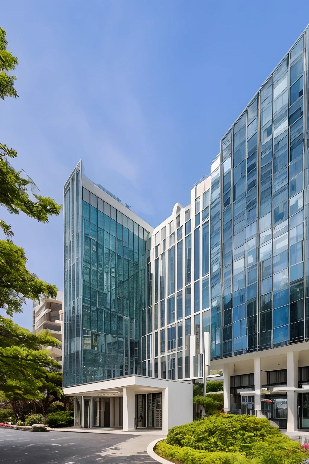 Architectural marvel rises gracefully against the backdrop of Busan's skyline, front façade adorned with large semi-transparent glass panels that shimmer in the sunlight, striking mosaic of vibrant hand-painted tiles that run vertically along its entire height, colors are vivid, details are mesmerizing, inviting entrance framed by sleek silver arches, entrance flanked by elegant flowerbeds, adding a touch of natural beauty to the urban landscape, above the entrance a carved wooden sign proudly displays the building's name