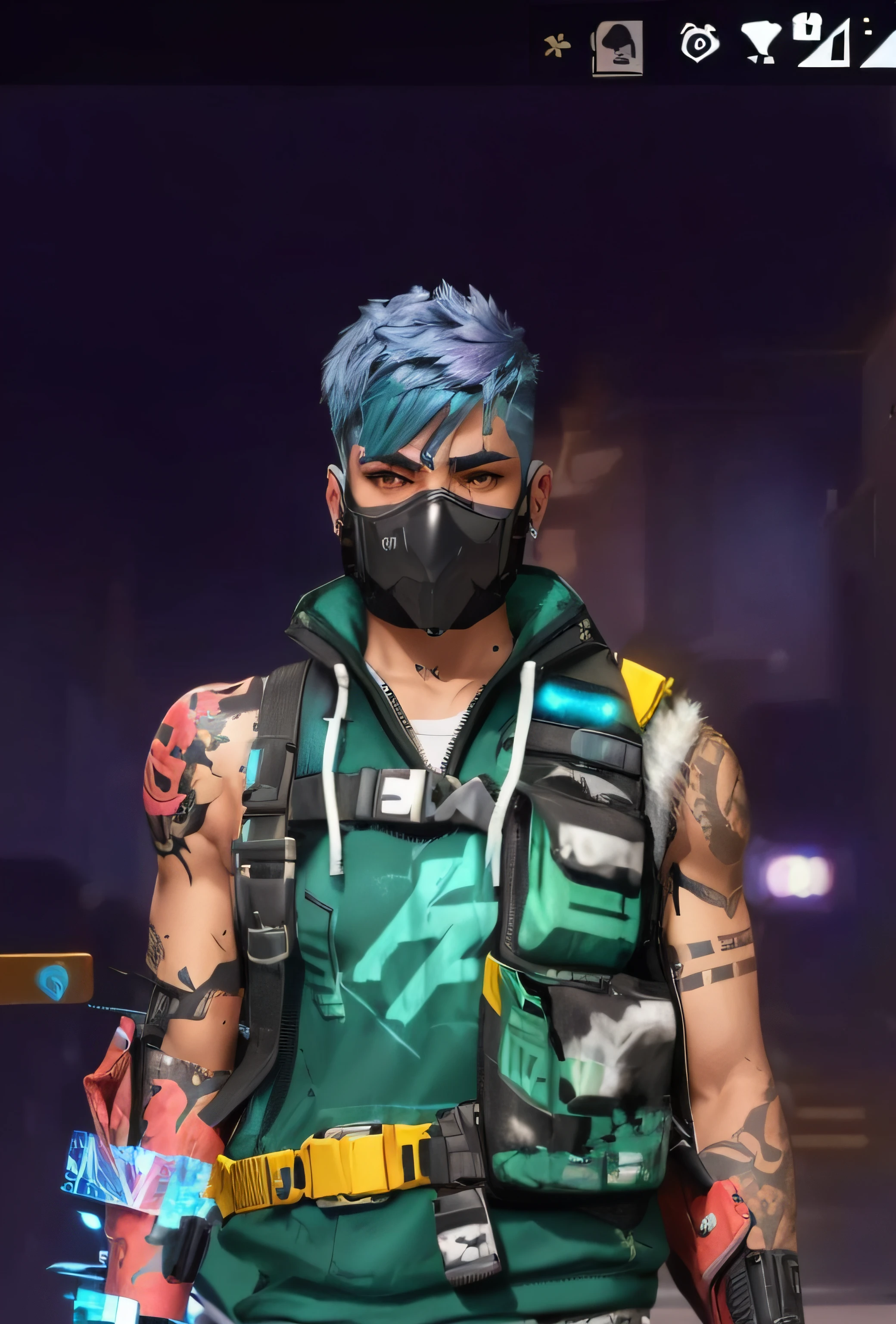 a close up of a person wearing a mask and a vest, cyberpunk street goon, mechanic punk outfit, style of starfinder, cyber punk setting, borderlands 3 style, teal skin, cyberpunk dyed haircut, male rogue, chromatic skin, cyberpunk dude, freefire character, cyberpunk outfit, cyberpunk accessory, starfinder character, male with halo, wearing bandit mask, hair color match with dress color, 8K, full Ultra HD, all tattoo match with body, full black background, full black mask, no background, black mask, black hair, blac background