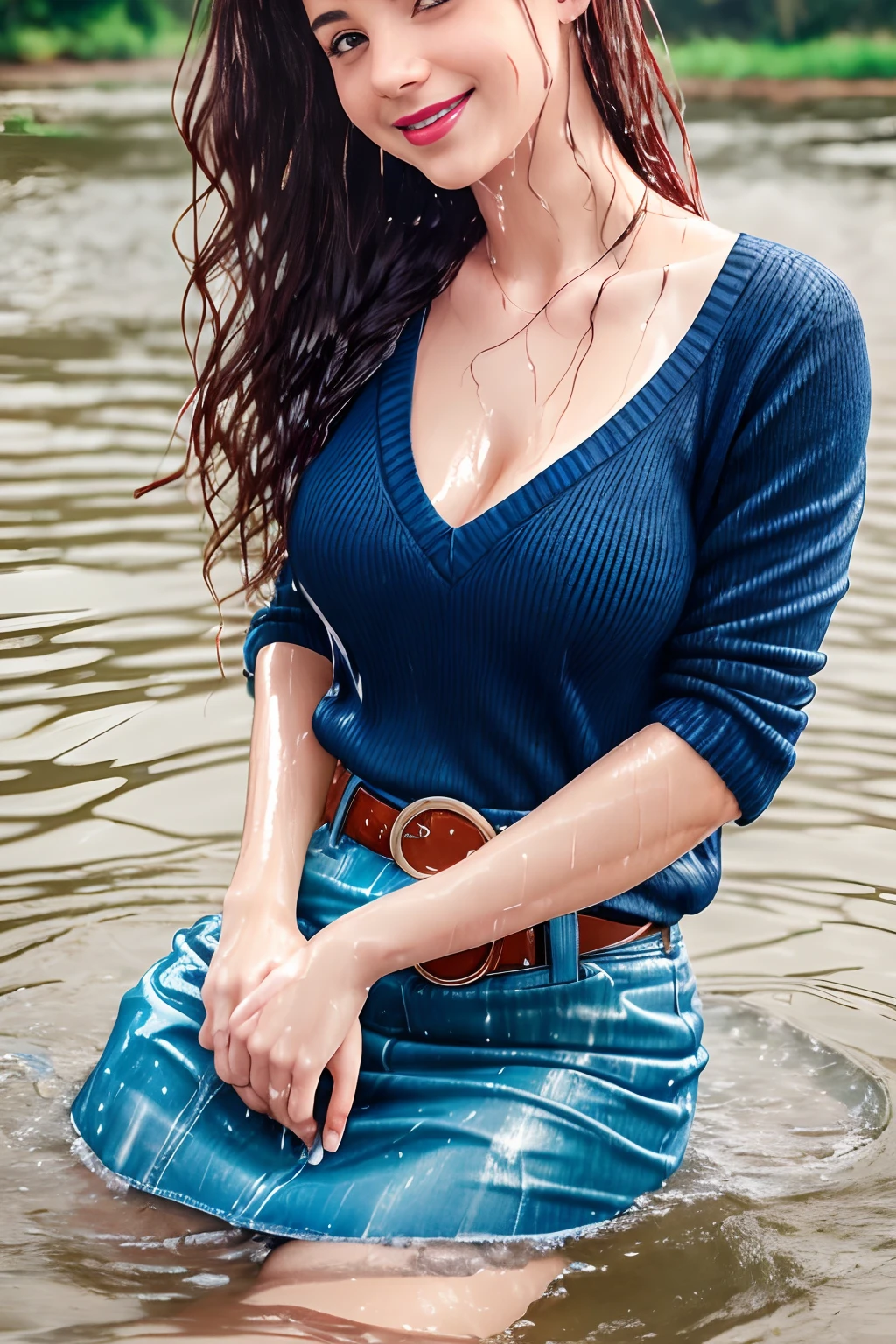 woman sitting in the water, (long wavy hair), bottom angle, in a pond, in water up to her waist, in the water, denim skirt, belt, ((v neck pullover)), white shirt, seated in the water, charli bowater, cute woman, with a waterfalls, casually dressed, wet look, portrait shot, mid shot portrait, playing in water, smiling at viewer, coy, cute shot, narrow depth of field, 8k, nsfw, drenched, ((soaked)), dripping water, dripping oil, heavy clothes, soaked in oil, wet all over, rouge lipstick