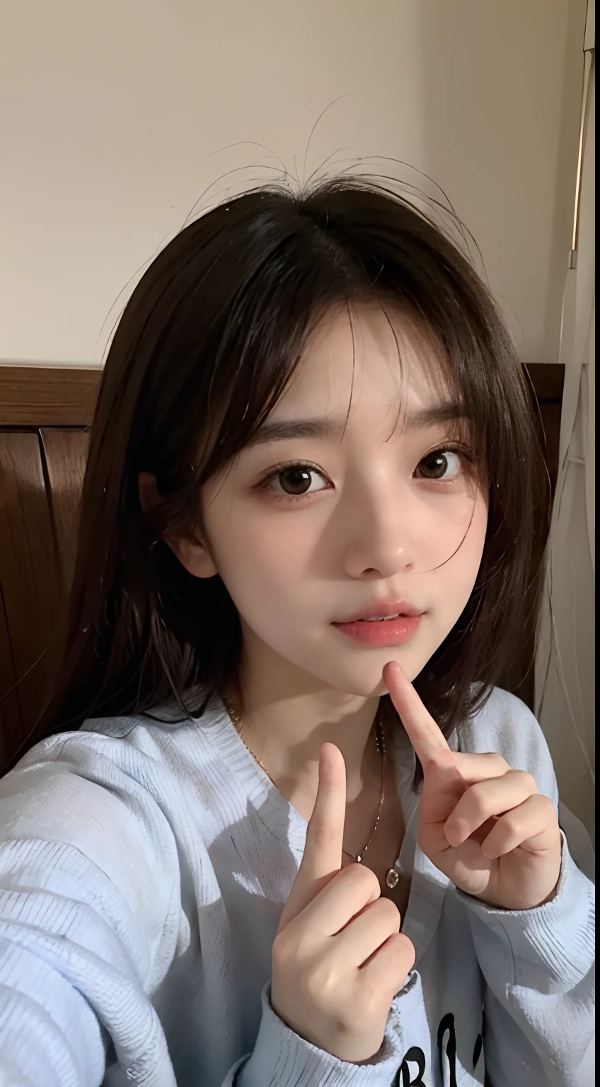 there is a woman that is making a peace sign with her fingers, chiho, with index finger, sun yunjoo, sakimichan, 8k selfie photograph, ulzzang, jinyoung shin, 奈良美智, shikamimi, with cute - fine - face, with small nose, wan adorable korean face