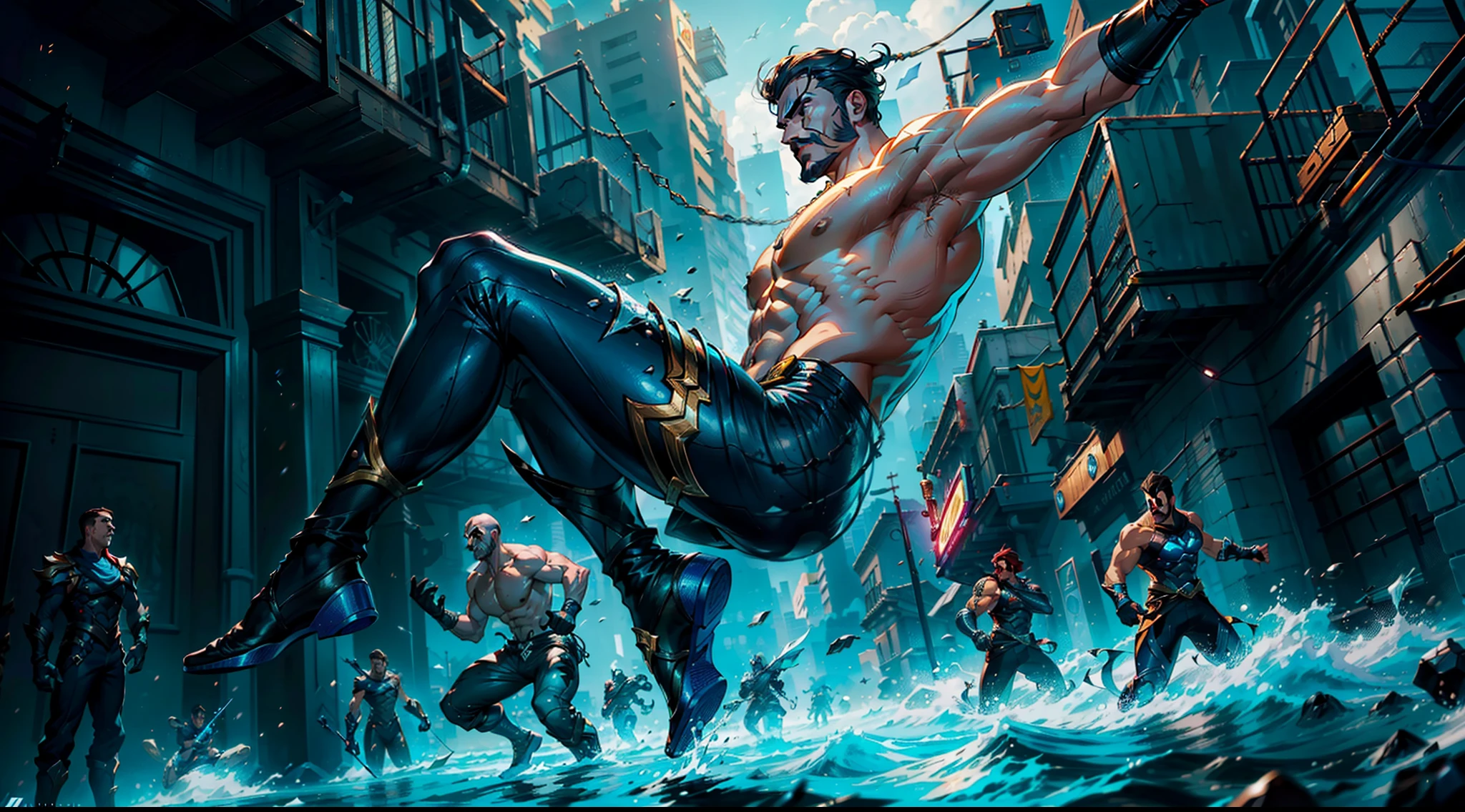 ((realista: 1.5)),((melhor qualidade)), ((obra-prima)),((detalhado)), Homem, corpo inteiro, Dynamic jump pose, ((dando um salto)), Defined traits, Well-designed strokes, de League of Legends, trending in the artstation