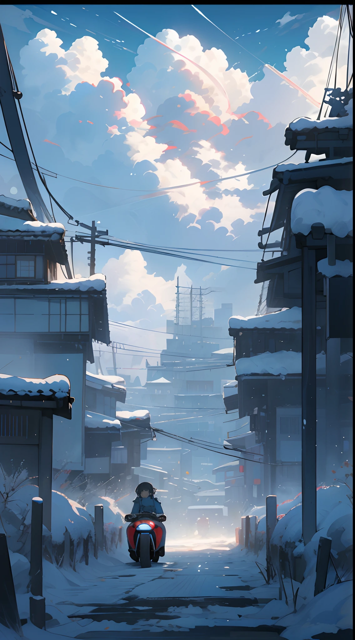 Little girl riding an electric car, beautiful Miyazaki animation scene: Tokyo's snowy city, huge Miyazaki clouds drifting in the blue sky, charming snowy Tokyo city with harsh sunshine, Miyazaki's landscape picture, Japanese art.