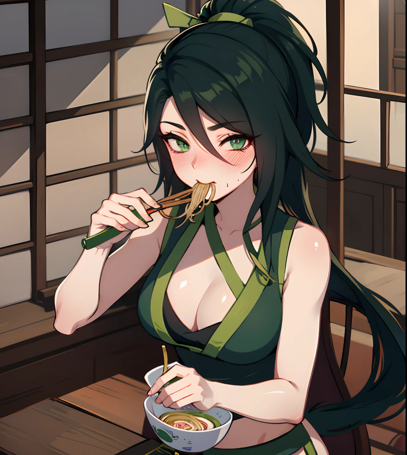 elevador de camisa, peitos pequenos, Roupas ninja, Akali, Akali League of Legends, Akali mask, peitos pequenos , eating Noodles , blushing, henti eyes