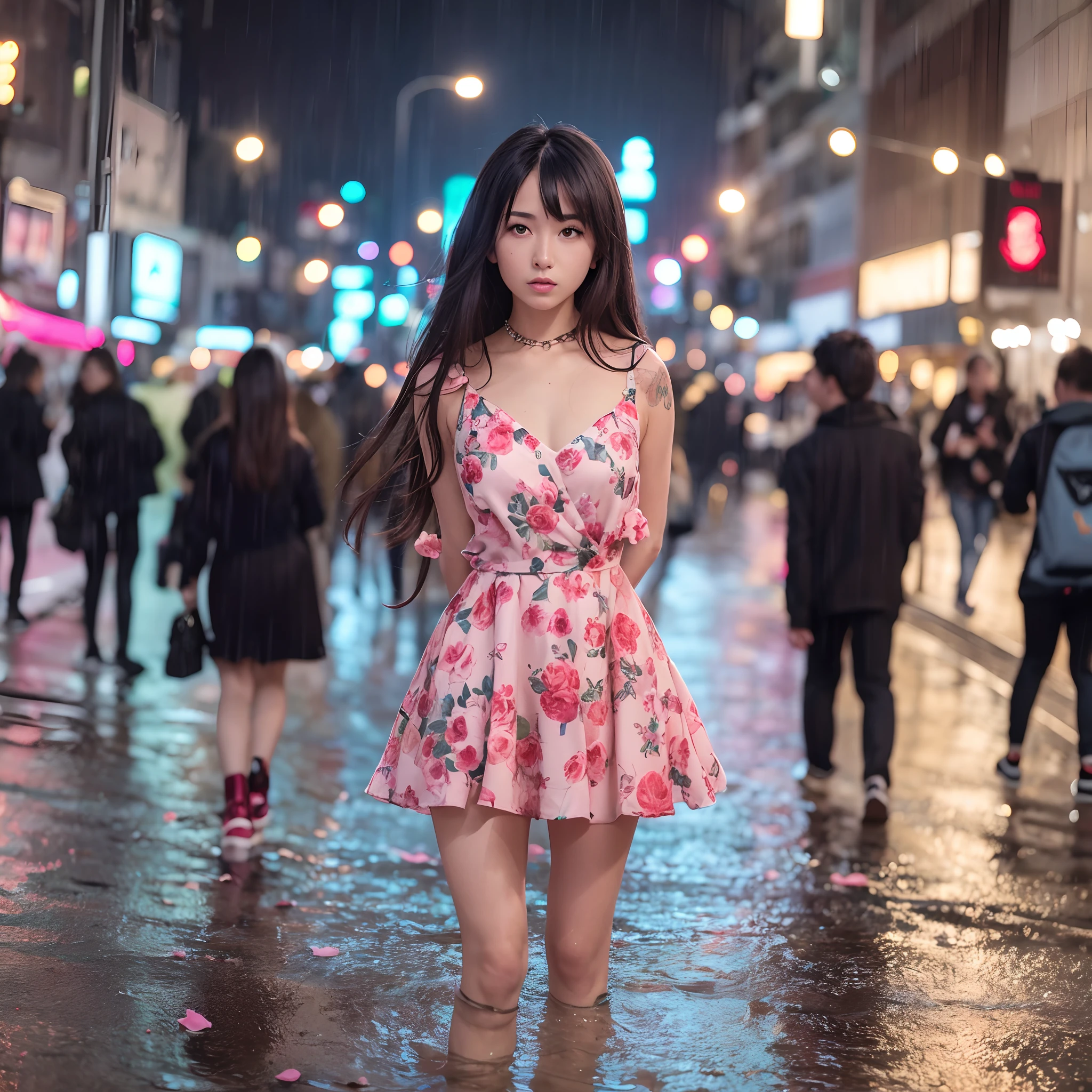woman, street girl, as a famous Instagram influencer, wearing a sexy little red swirly flowery dress, standing, at night and in the rain, on a busy street crossing a crosswalk, looking at viewer, session of full body photos, seductive --auto --s2