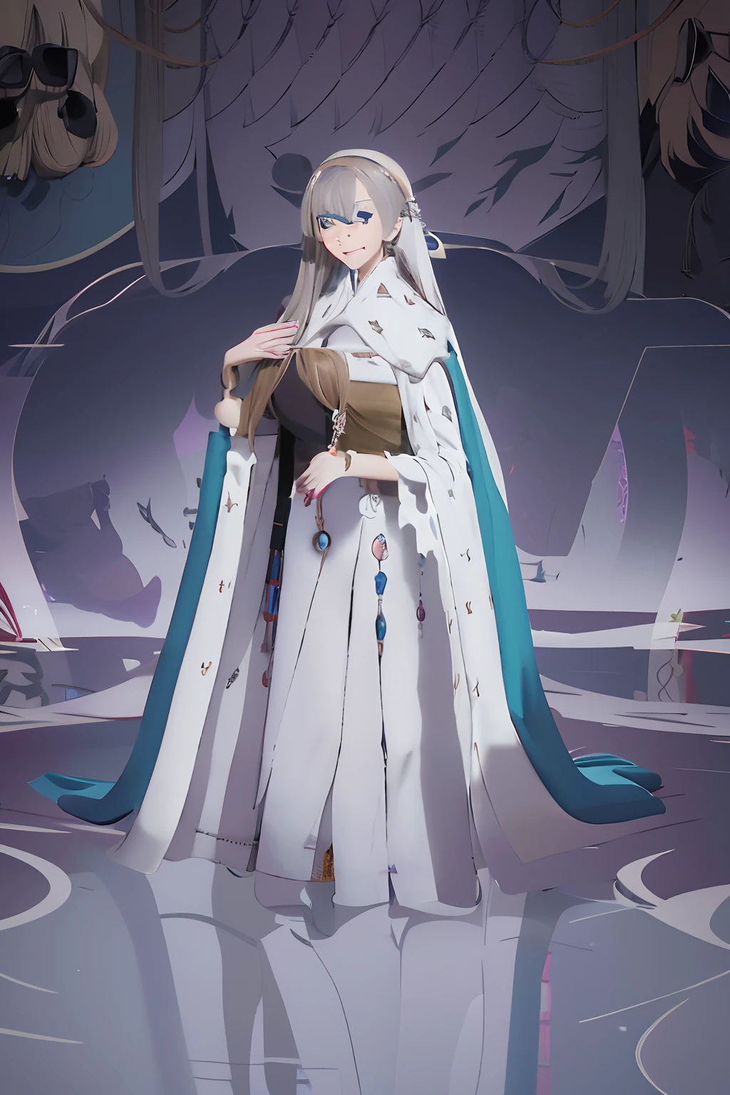 Masterpiece, best quality, Detailed, Detailed face, anime style, 3/4 perspective, 1 girl, solo one, anastasia, blue eyes, gray hair, hair between the eyes, (hair and patch over one eye: 1.5), long hair, bangs, headband hair, cape, brown hair band, wide sleeves, female religious clothing, wide sleeves, fur trim, tachi-e, royal robe, white dress, white veil (white nun's habit), white thighs, pelvic curtain, white high heels shoes, revealing clothing, detailed clothing, medium breasts, Hash lora 1 = .6 body, lora asuka, smile, open mouth, smiling, full body, pose, invitation, kiss, standing
