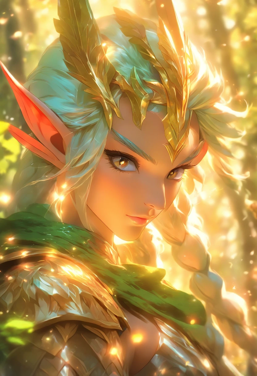 Create a stunning and majestic digital artwork of an ethereal Elf warrior, adorned in intricately designed armor, wielding an enchanted weapon, standing against a backdrop of an enchanted forest with dappled sunlight filtering through the leaves. Capture the grace, strength, and otherworldly beauty of this mythical character.