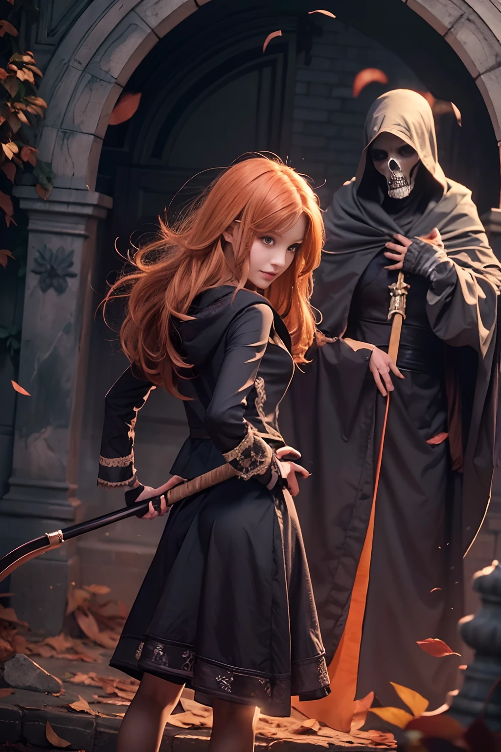 Cute hooded girl,The Grim Reaper emerges from the swirling shadows.Stand in the Cemetery of Forgotten Souls.(Female Grim Reaper Protecting a Girl from Behind:1.3,)Wielding a scythe,(Light brown and light orange striped hair:1.3,),Dark makeup,Beautiful breast slip、A smile that makes the viewer happy,Perfect face,Proper body proportion,masutepiece,High-quality output images,超A high resolution,Intricate details,Very delicate and beautiful hair,photographrealistic,Dreamy,Professional Lighting,realistic shadow,Beautiful hands,Beautiful fingers,Detailed finger features,detailed clothes features,Detailed hair features,detailed facial features,Style fighting games,Style RPG