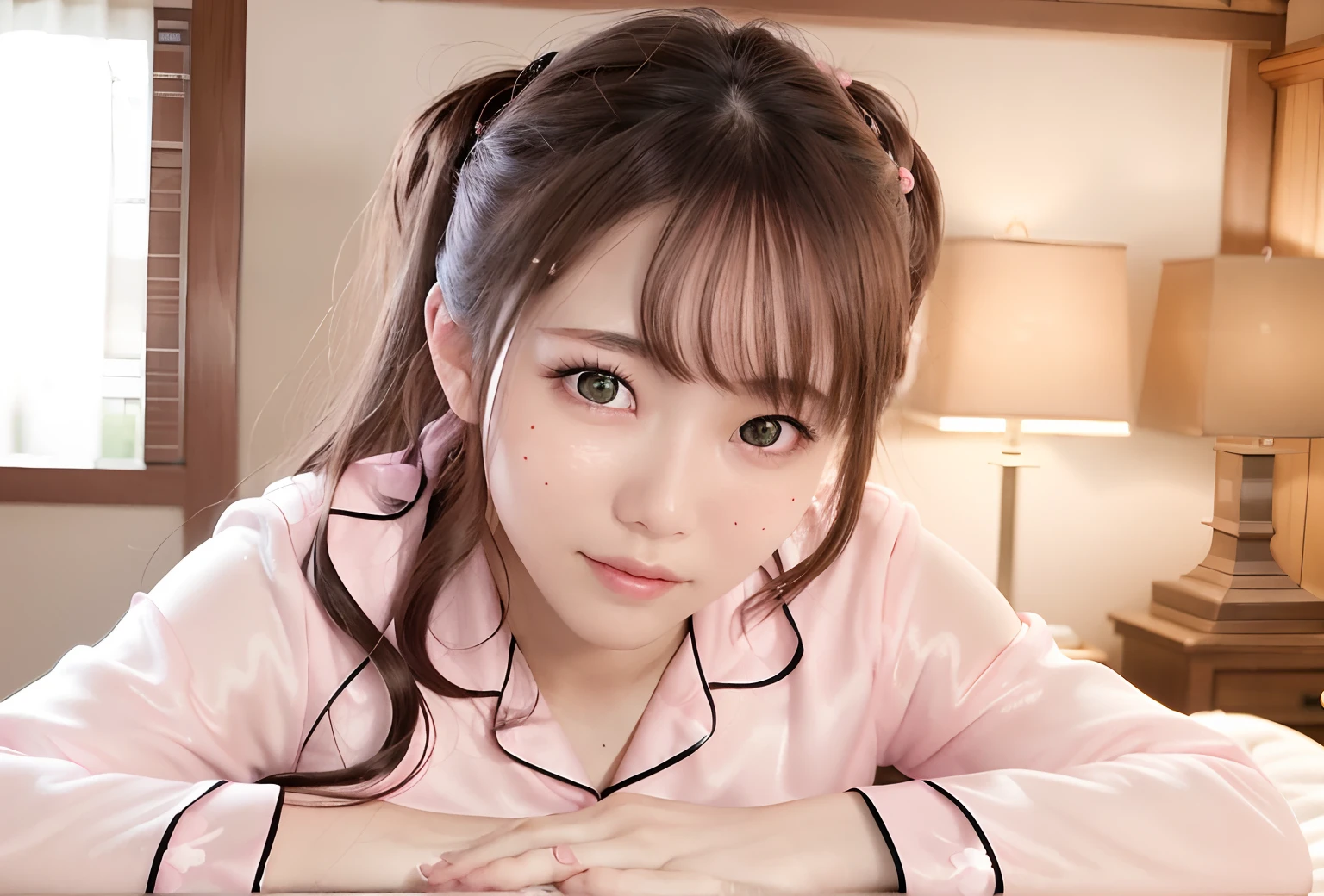(Realistic:1.3), Finely detailed, quality, Rembrandt lighting, (masutepiece:1.2), (Photorealistic:1.2), (Best Quality), (Detailed skin:1.3), (Intricate details), Dramatic, Ray tracing, 1girl in, japanaese girl, big eye、looks sleepy, Close your eyes,twin-tail hair, Twin Loop Hair, Parted bangs, Sleeping in bed, large full breasts, perfect glossy skin,flawless skin,((accurate hands without incongruity)), large full breasts,big breasts thin waist, Look at viewers,Enhanced dynamic perspective,Cute cute 21 year old beautiful girl,((Pink pajamas))、simple backgound,Works of masters,high quarity,4K resolution,super-fine,acurate,Cinematic lighting,Woman leaving original facial proportions,Lying on your back on the bed,selfee