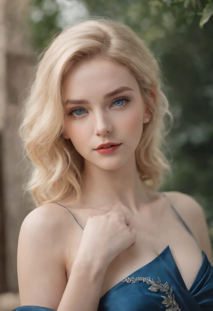 woman, Realistic character,coiffed blonde hair, Willow leaf silk dress,Show the chest,Blue eyes, anime big breast, Alone, modern, cyber punk perssonage,fully body photo