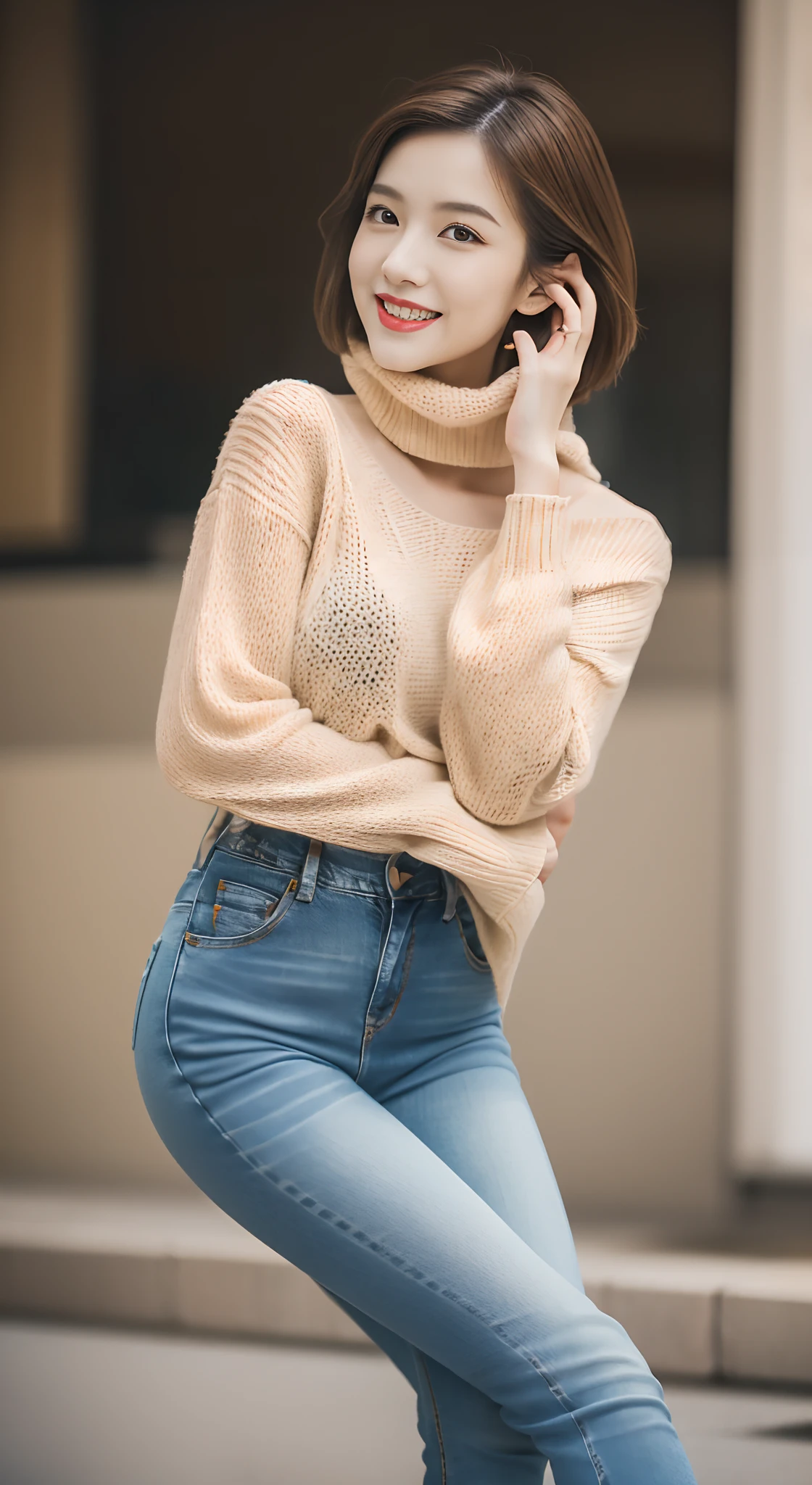 1 very beautiful woman, 25 age old, Solo, Best quality, Photorealistic, tmasterpiece, 8K high-definition, A high resolution, Extremely detailed face, (Professional lighting,Bokeh),(light particules,lens flare glow,Luminous Particle:0.6),gentlesoftlighting,Trendy atmosphere,jpn,the street,Stylish short hair,bobo head, A brown-haired, Hair is delicate and soft,Fluttering, cparted lips, lipsticks, Seductive smile, ssmile, Open-mouthed, teeth, Swan neck,Shave your shoulders, Bigchest,(Golden ratio figure),Wear a blue skinny sweater, (Wash blue)(skintight jeans),(detailed outfits:1.5), 二重まぶた,long eyelasher, birthmark, (Moles under eyes: 1), The calves are well-proportioned, slenderness:1.2,A pair of white and tender jade feet,Beautiful lotus feet:1.5,(sitted, Coquettish sex,Coquettish and beautiful pose,The posture is diverse),Female-centered focus photography,The waist is the focus,close focus,shooting full body:1.8,fully body photo:1.8
