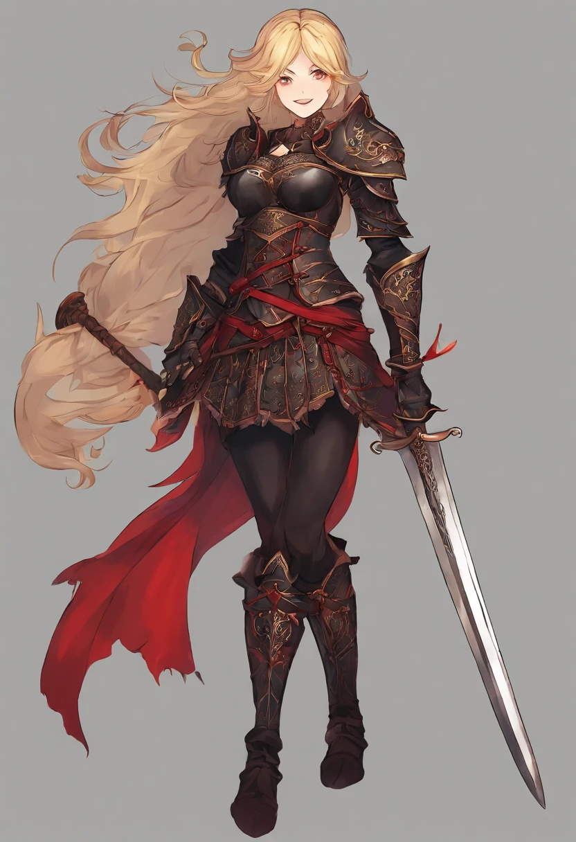 Faraway view,tmasterpiece,rich details,1girll, solo person,Blonde hair,long whitr hair,Red eyes,Royal sister face,mature,Adult females are plump,huge tit,Black armor,Heavy armor,Covered with pure black steel armor,The whole body shows only the face,shelmet,Armor,Reload armor,Lady Knight,Muscle woman,A giantess,large tall,Strong,looks down on a viewer,Whole body diagram,with a huge mouth open,Full body armor coverage,steel armor,unholy,Whole body diagram,Thick thighs,Exaggerated big ass,Long legs,Huge sword,Dark Armor,blood red colored sky,Black Castle Background,with her mouth open,Sword in hand,Heavy steel cuirass,Black and red armor,arma,holding enormous sword,Crimson sky,Black leather boots,Thick and huge armor,k hd,4K,ssmile,gentleness,Shark teeth,Black and red armor,A giant sword as tall as a human,plumw,huge tit,Evil charm