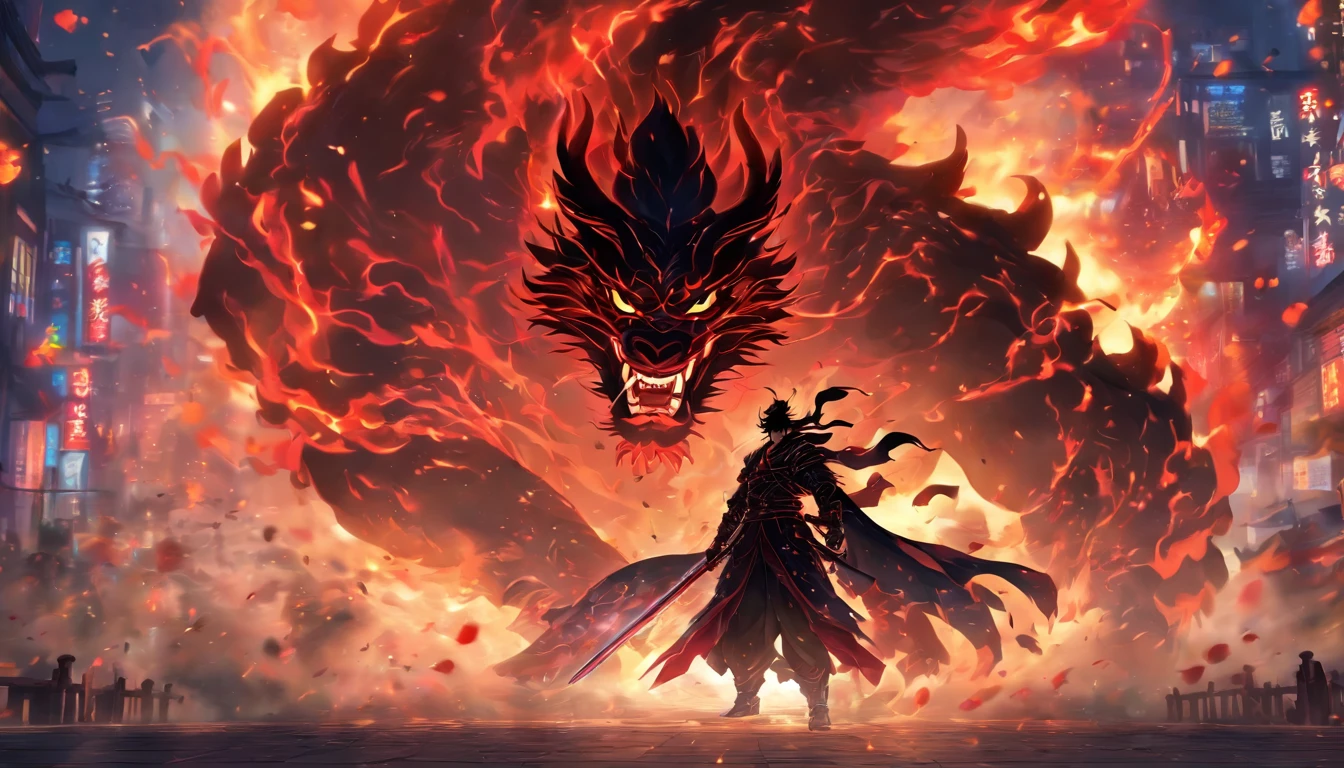 中景 the scene is,Chinese ink style,Smudge, 1 male ,brown Hair, Red glowing eyes, Evil smile, Wielding a sword,Dark,Flowing and chic,Ancient armor,Combat boots,(Full body like:1.5),Chang'an Avenue,ventania,8K,((super-fine)),Hyper-realistic,(((OC renderer)))