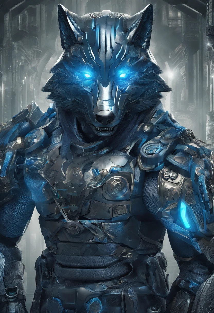 top-quality, Dramatic Writing,Blue glowing eyeballs， menacing pose, fierce look, epic atmosphere, (((Helmet in the shape of a wolf's head))), (((Full body shot))),Metal Wolf, cyborgs, Cyberpunk style, Clockwork, ((Intricate details)), nffsw, ((Intricate details, hyperdetails)), incandescent lamps, cinematic shot, Vignette, bokeh effect beckground, (respect), (Full body shot).