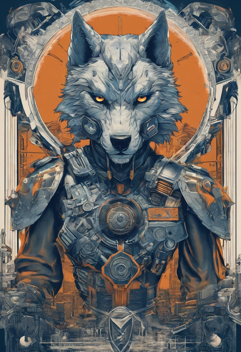 top-quality, Dramatic Writing,Blue glowing eyeballs， menacing pose, fierce look, epic atmosphere, (((Helmet in the shape of a wolf's head))), (((Full body shot))),Metal Wolf, cyborgs, Cyberpunk style, Clockwork, ((Intricate details)), nffsw, ((Intricate details, hyperdetails)), incandescent lamps, cinematic shot, Vignette, bokeh effect beckground, (respect), (Full body shot).