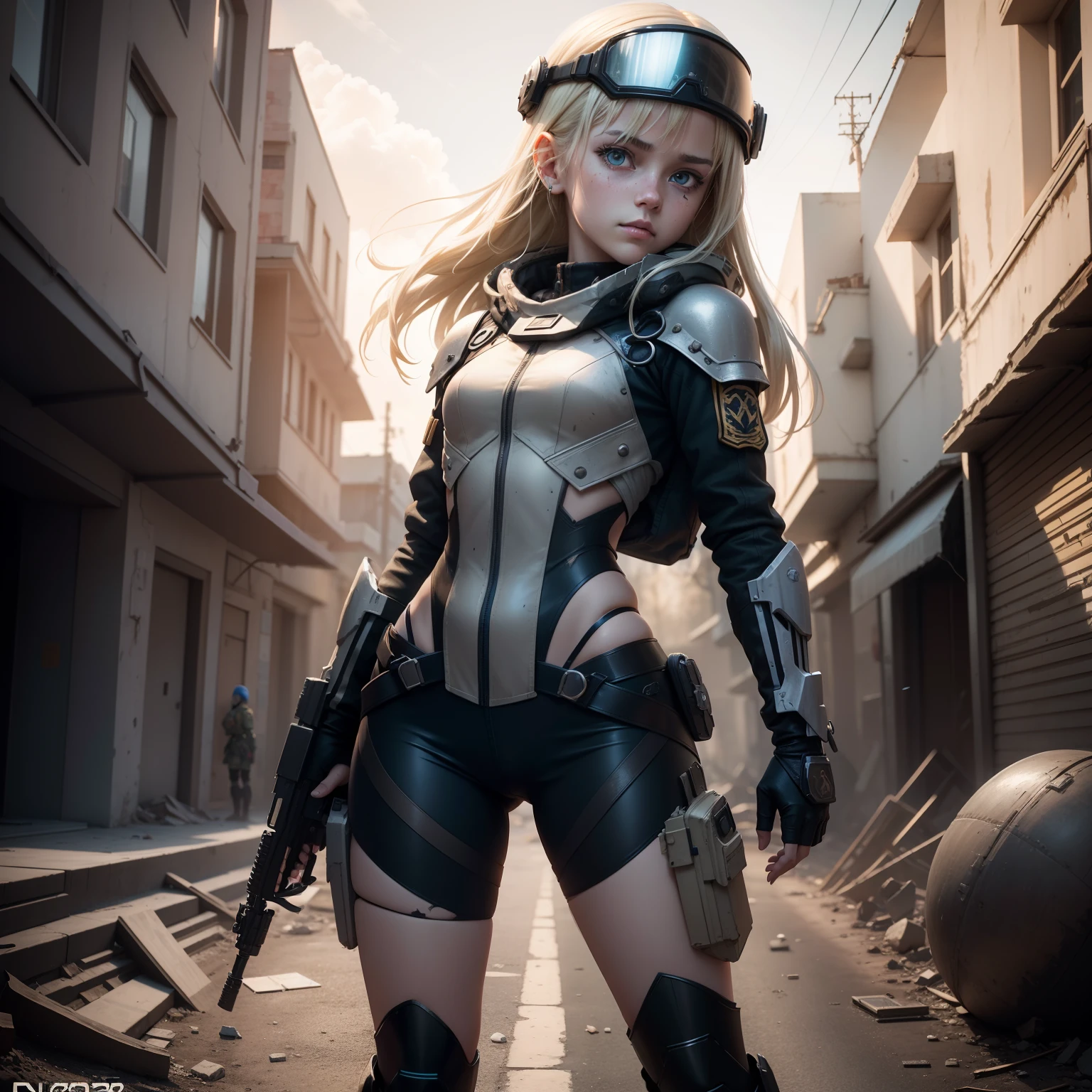 Destroyed towns,ukrainian girl , Ukrainian anime girls , , Ukraine ,  Full body composition of young girl with messy bright blonde hair, eye make up, 13 year old,  Soft lighting, Solo, Old torn dirty shabby futuristic military uniform, badges, Pose, Blotch color, Octane Render, Hyperrealistic intricate detail, Cinematic, 8K resolution, 70mm, Accent Lighting, Global Illumination, Full body portrait, clean detailed faces, intricate clothing, Cute face, flat chest, Slim waist, Slim legs, small hips,Steel exoskeleton combat suit,Combat helmet,Holding a handgun,long jacket,cloaks,