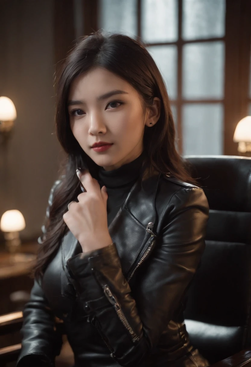 Both hands are covered with black leather gloves up to the fingertips, upper body, black leather double riders jacket, slender necklace, young and cute Japanese girl with black hair tied up beautifully, sitting on a black leather chair facing the desk in the president's room at night, aligning both hands of black leather gloves on the desk