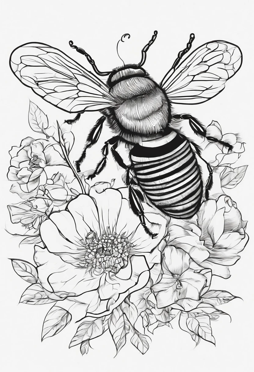 A bee，Hand-drawn line drawings，black and white colors，Ultra-clear details，超高分辨率，Guochao style，transparent background，16K
