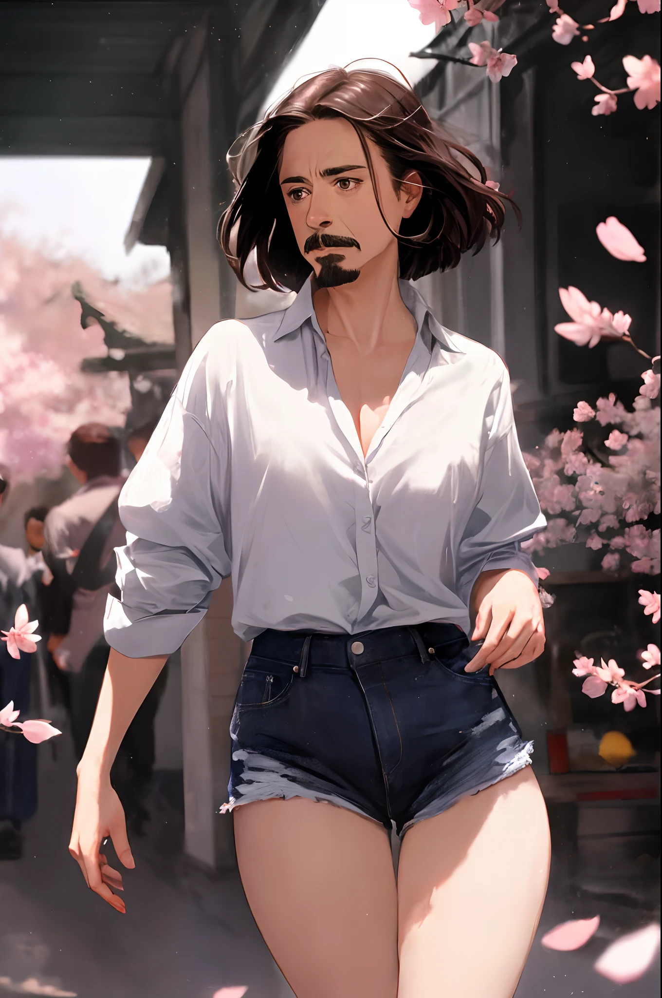 Robert Downey as a 16 year old girl, large loose plain shirt, tiny shorts, black tights to the waist, exposed thighs, very fair skin, Robert Downey's haircut, Mustache and goatee, Saolin temple, cherry blossom, Lighting indirect, volumetric light, hyper-detailed, Captured by Panavision Panaflex Platinum