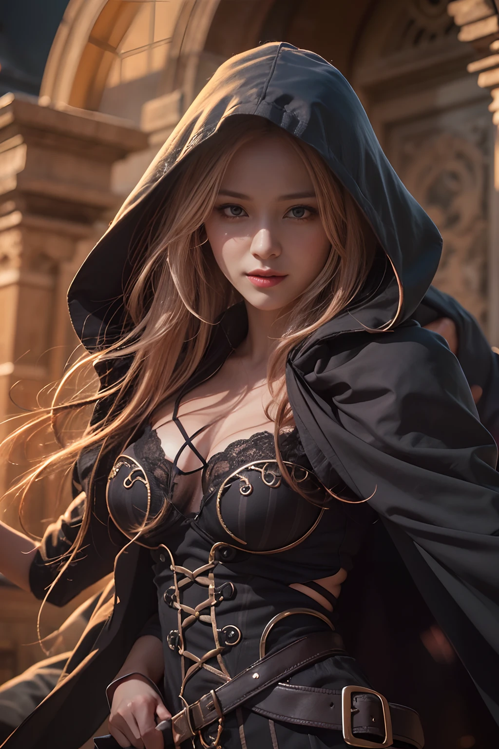 RAW photo, photorealistic, beautiful woman, standing, full body shot, perfect symmetric eyes, soft lush curly warm hair, cleavage, evil look, mask, hood, glowing, fire, gauntlets, cloak, hood up, detailed clothes features, choker, earrings, belt, bracelet, background dungeon of the old castle, shot with a Canon EF 100mm f/2.8L Macro IS USM Lens, hdr, dslr, 16k