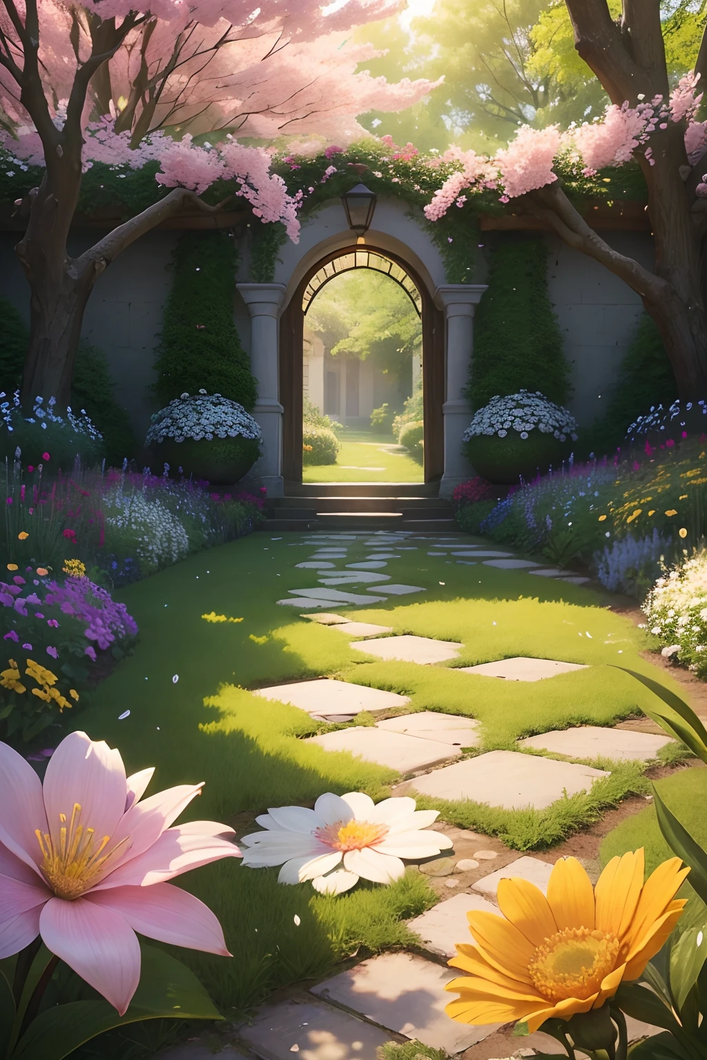 (best quality,4k,8k,highres,masterpiece:1.2),ultra-detailed,(realistic,photorealistic,photo-realistic:1.37),peaceful garden of flowers for background,magical forest with vibrant blooms,serene atmosphere,delicate petals dancing in the wind,colorful blossoms covering the landscape,fragrant floral aroma filling the air,nature's masterpiece of tranquility,fantasy-like setting of lush greenery and vibrant flowers,every bloom captured with intricate detail and precision,breathtaking floral symphony,dreamy sunlit garden,sparkling dewdrops on flower petals,joyful chirping of birds in the distance,ethereal soft lighting filtering through the foliage,impeccably aligned flower beds creating a sense of order and serenity,endless rows of flowers tucked away in every corner,harmony of colors blending seamlessly together,peaceful haven inviting one to unwind and find solace,botanical paradise with an abundance of flora,serene backdrop for meditation and relaxation,constantly changing floral tapestry,gentle breeze creating a soothing ambiance,alive with the hum of bees and butterflies,tranquil escape from the hustle and bustle of daily life,benevolent energy radiating from every plant and flower,enchanted garden overflowing with love and positivity. realistic