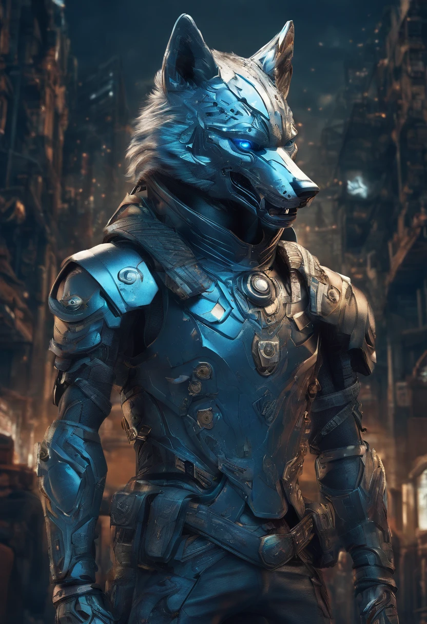 top-quality, Dramatic Writing,Blue glowing eyeballs， menacing pose, fierce look, epic atmosphere, (((Helmet in the shape of a wolf's head))), (((Full body shot))),Metal Wolf, cyborgs, Cyberpunk style, Clockwork, ((Intricate details)), nffsw, ((Intricate details, hyperdetails)), incandescent lamps, cinematic shot, Vignette, bokeh effect beckground, (respect), (Full body shot).