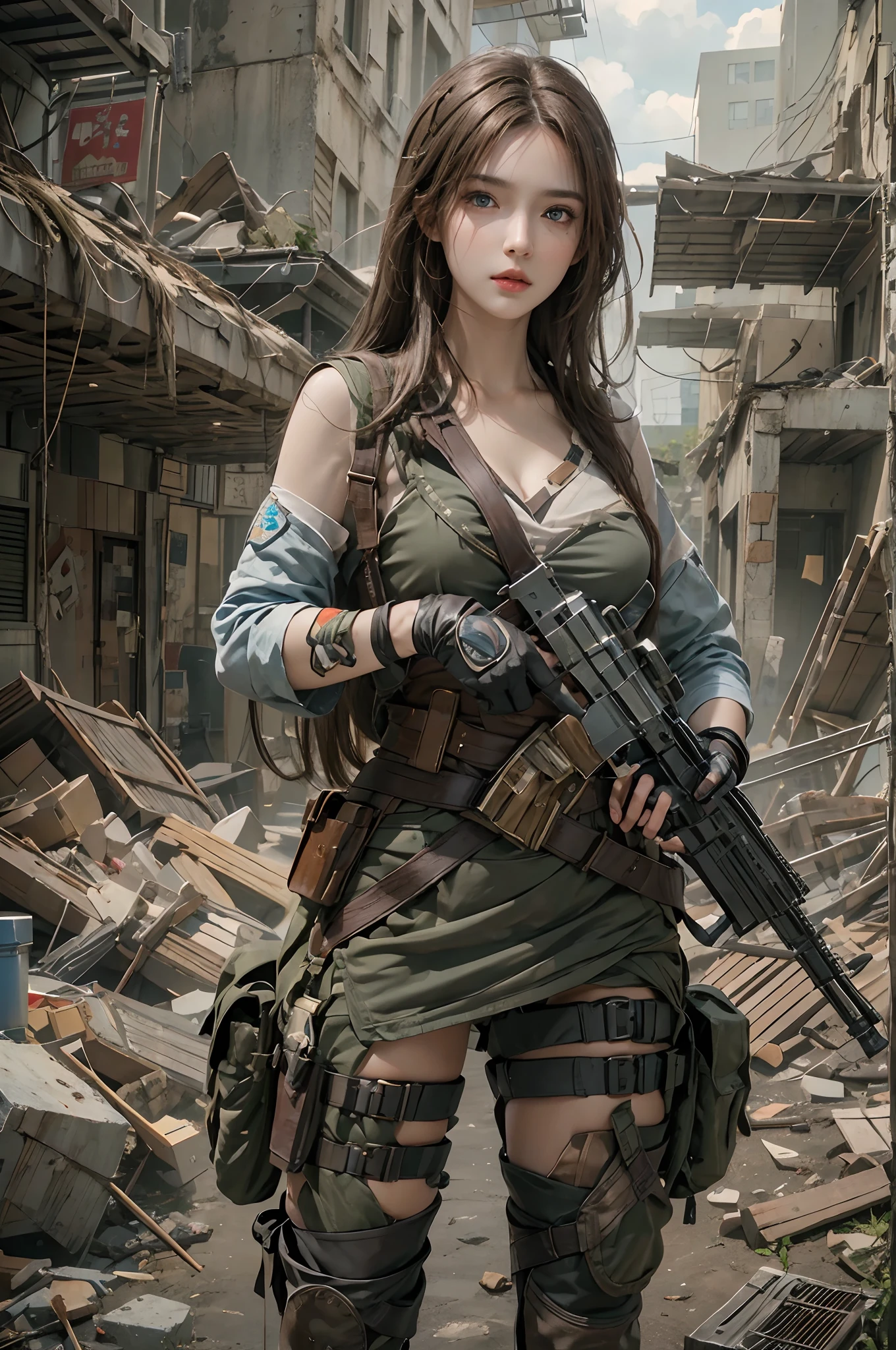 photorealistic, high resolution, 1 women, solo, hips up, look at viewer, (detailed face), brown hair, long hair, innocent blue eyes, super detailed face, 8k ultra detailed, soldier girl, weapon, black custom