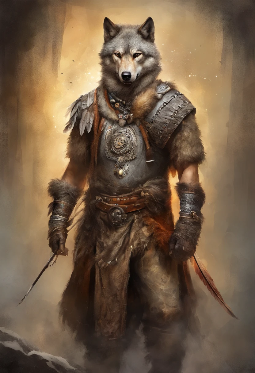 HighestQuali, Dramatic lighting, menacing posture, Fierce expression, Epic atmosphere, (((Wolf head shaped Indian feather hat))), (((Full body shot))),Wolves made of metal, Cyborg, Cyberpunk Style, Clockwork, ((Intricate details)), hdr, ((Intricate details, ultra - detailed)), Incandescent Lamps, cinema shot, Vignette, Bokeh effect Baker ground, (canid), (Full body shot).