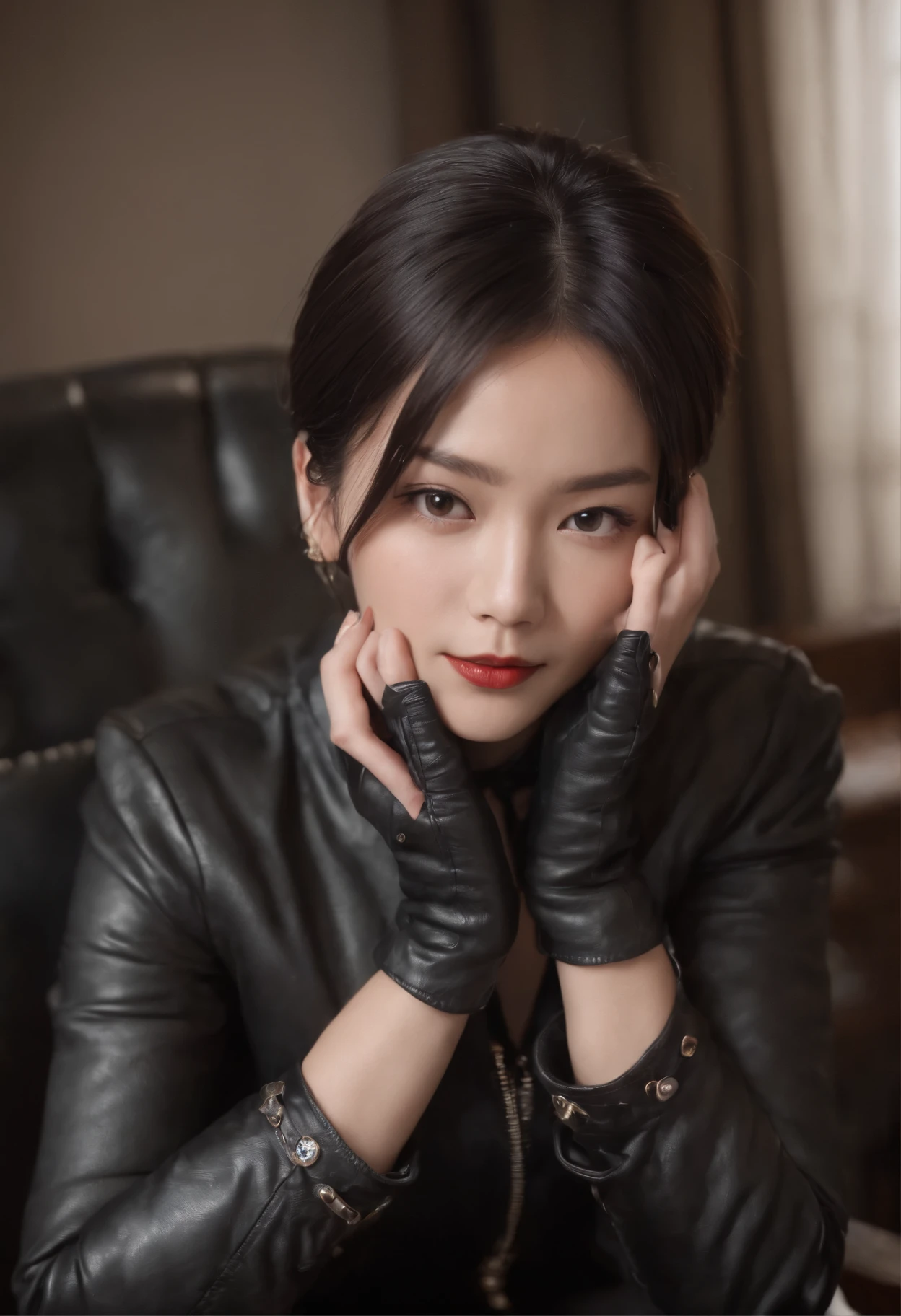 Both hands are covered with black leather gloves up to the fingertips, upper body, black leather double riders jacket, slender necklace, young and cute Japanese girl with black hair tied up beautifully, sitting on a black leather chair facing the desk in the president's room at night, aligning both hands of black leather gloves on the desk