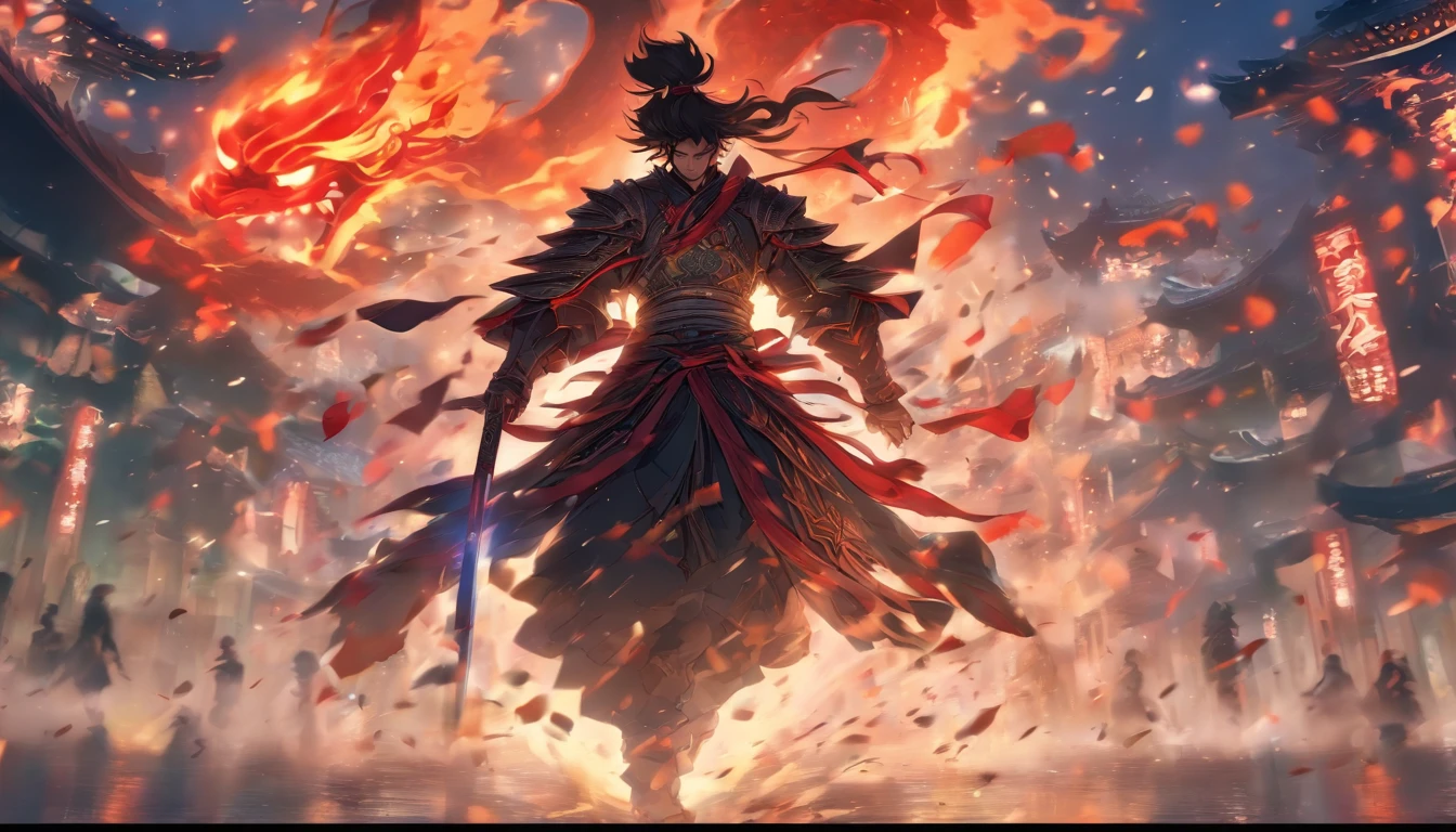 中景 the scene is,Chinese ink style,Smudge, 1 male ,brown Hair, Red glowing eyes, Crazy smile, Wielding a sword,Dark,Flowing and chic,Ancient armor,Combat boots,(Full body like:1.5),Chang'an Avenue,ventania,8K,((super-fine)),Hyper-realistic,(((OC renderer)))