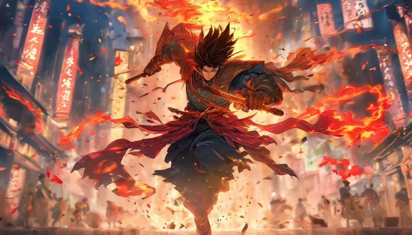 中景 the scene is，Chinese ink style，Smudge, 1 male ，brown Hair, Red glowing eyes, Crazy smile, Wielding a sword，Dark，Flowing and chic，Ancient armor，Combat boots，（Full body like：1.5），Chang'an Avenue，ventania，8K，（（super-fine）），Hyper-realistic，（（（OC renderer）））