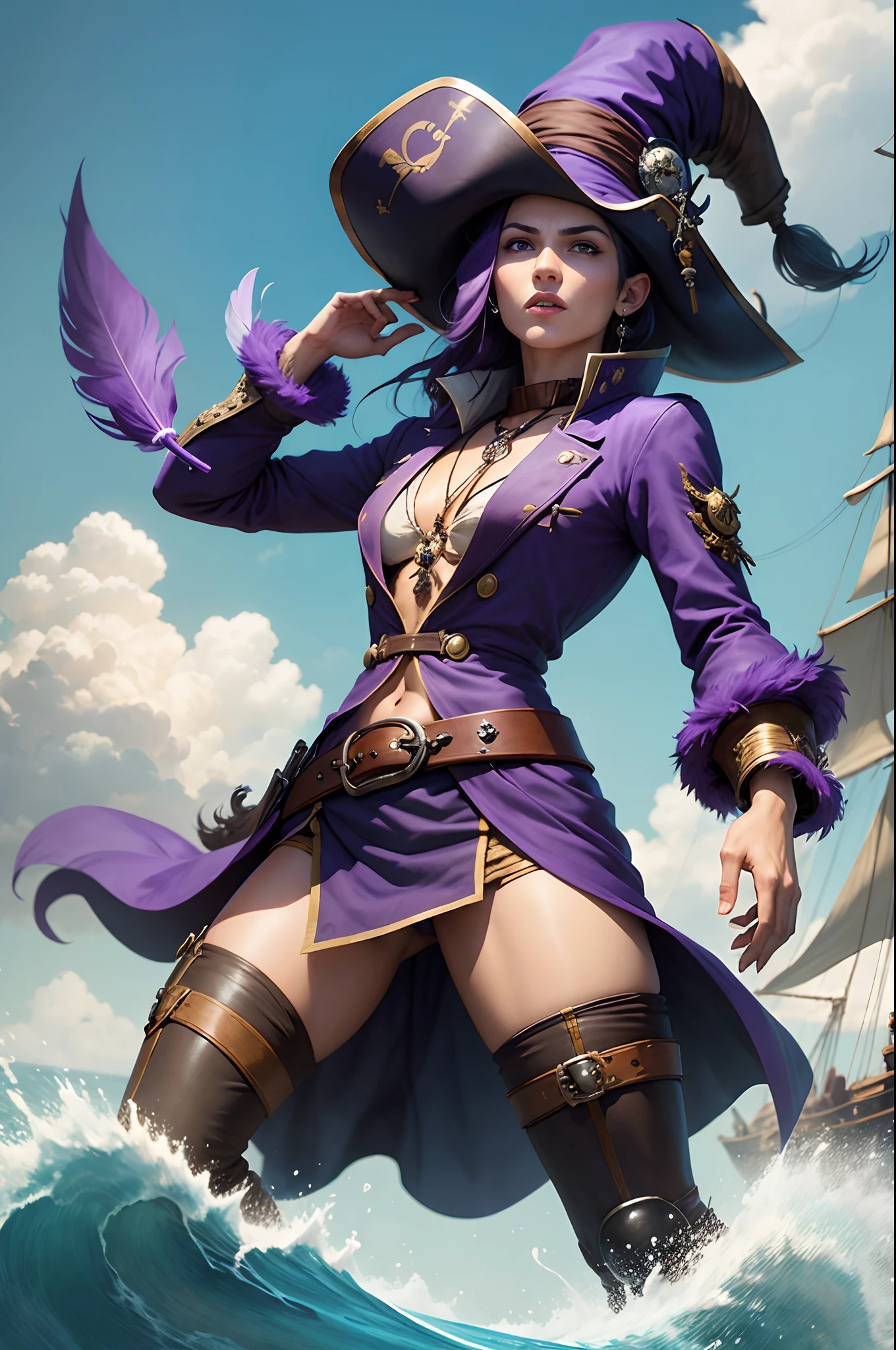 in the style of Avatar: Lord of the Air, The Terrible Pirate Captain;, cartoony, long hat with purple feather