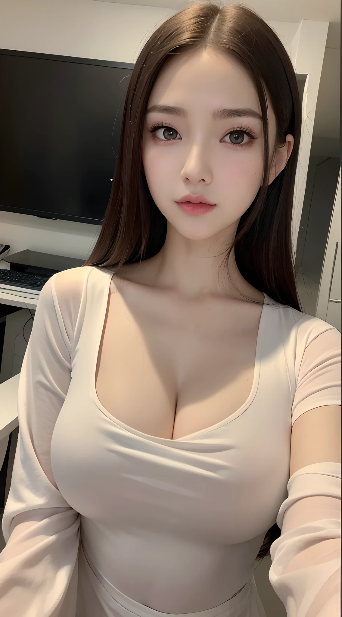 Araffa asian woman sitting at desk holding laptop, ((Chest cleavage)),(( nippleless)),goddess of Japan, Korean Girl, Wearing a blouse, Open Shirt, gorgeous chinese model, Smooth white tight clothes suit, Open V chest clothes, wearing in shirt, cleavage, smooth translucent white skin, Beautiful Asian Girl, Korean Woman, Gorgeous young Korean woman, asian nymph bald goddess, beautiful Korean women,(((beautiful countenance))),(((big eye))),(((Beautiful eyes))),(((long lashes))),((Beautiful teeth alignment)),