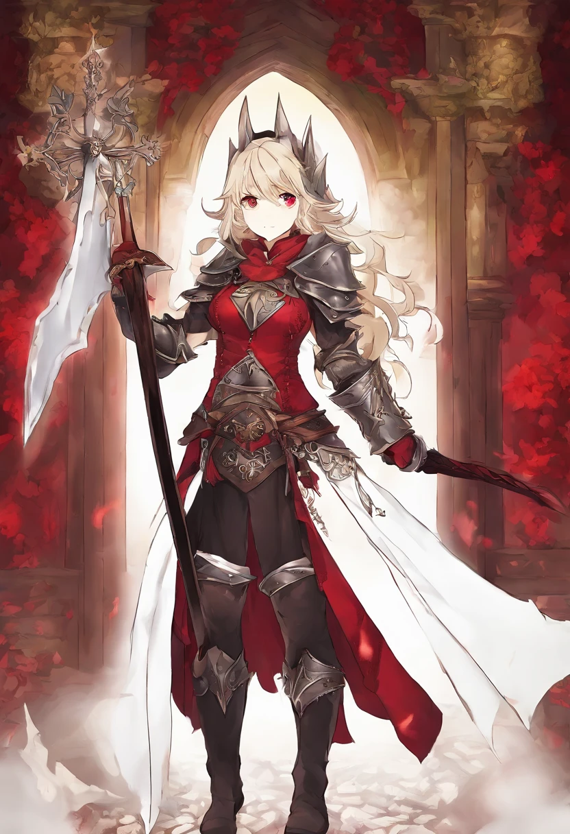 Faraway view，tmasterpiece，rich details​，1girll, solo person，Blonde hair，long whitr hair，Red eyes，Royal sister face，mature，Adult females are plump，huge tit，Black armor，Heavy armor，Covered with pure black steel armor，The whole body shows only the face，shelmet，Armor，Reload armor，Lady Knight，Muscle woman，A giantess，large tall，Strong，looks down on a viewer，Whole body diagram，with a huge mouth open，Full body armor coverage，steel armor，unholy，Whole body diagram，Thick thighs，Exaggerated big ass，Long legs，Huge sword，Dark Armor，blood red colored sky，Black Castle Background，with her mouth open，Sword in hand，Heavy steel cuirass，Black and red armor，arma，holding enormous sword，Crimson sky，Black leather boots，Thick and huge armor，k hd，4K，ssmile，gentleness，Shark teeth，Black and red armor，A giant sword as tall as a human，plumw，huge tit，Blood-red sky