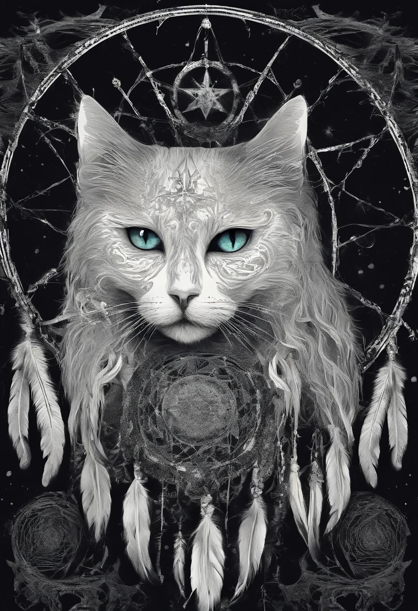 （White cat in the circle of colorful dream catchers），"T-shirt design with circular silhouette of cat face, Crescent, and stars in the