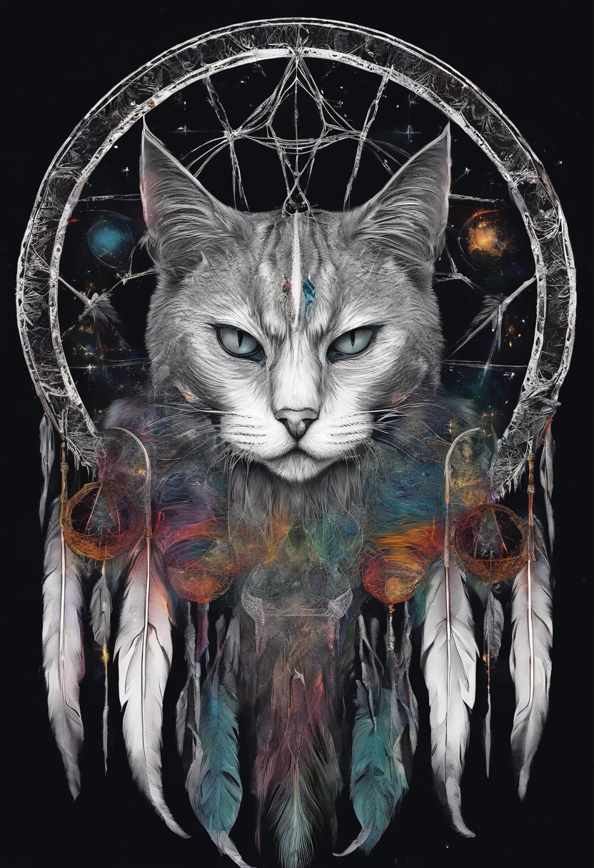 （White cat in the circle of colorful dream catchers），"T-shirt design with circular silhouette of cat face, Crescent, and stars in the