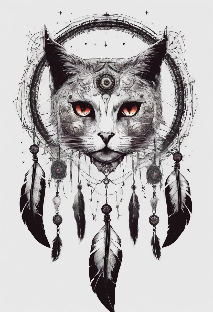 (White cat in the circle of colorful dream catchers),"T-shirt design with circular silhouette of cat face, Crescent, and stars in the