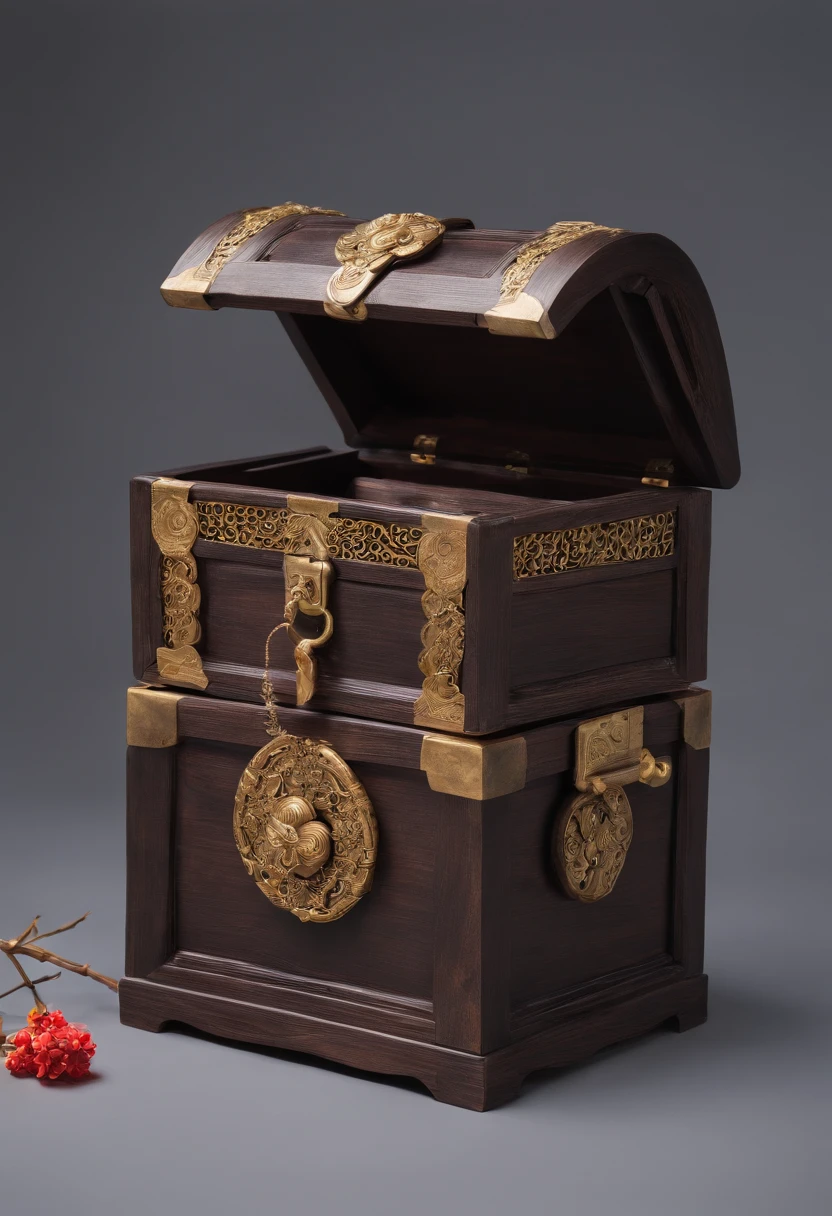 A treasure chest,Ancient Chinese style,Copper wire,High-quality wood,There was 1 bottle of wine inside,