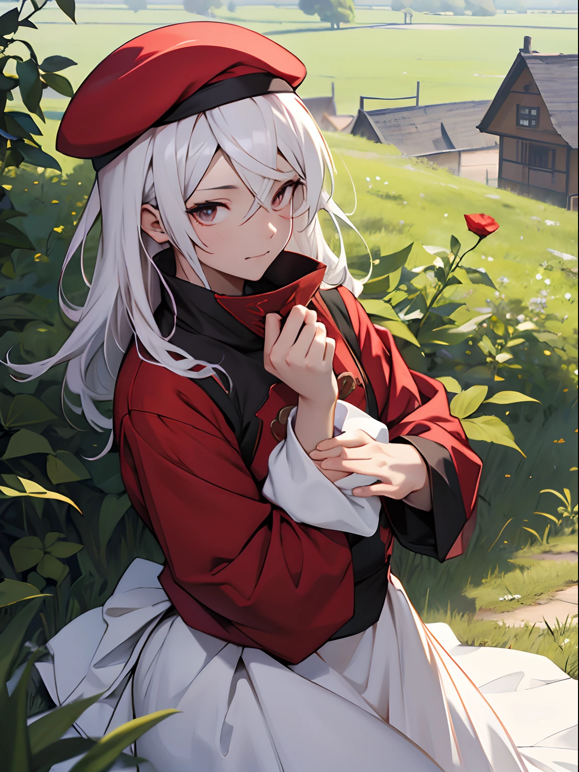 {masutepiece}、{{high-level image quality}}、Based on red、Sorcerer、newcomer、beret、white hair、On the Prairie