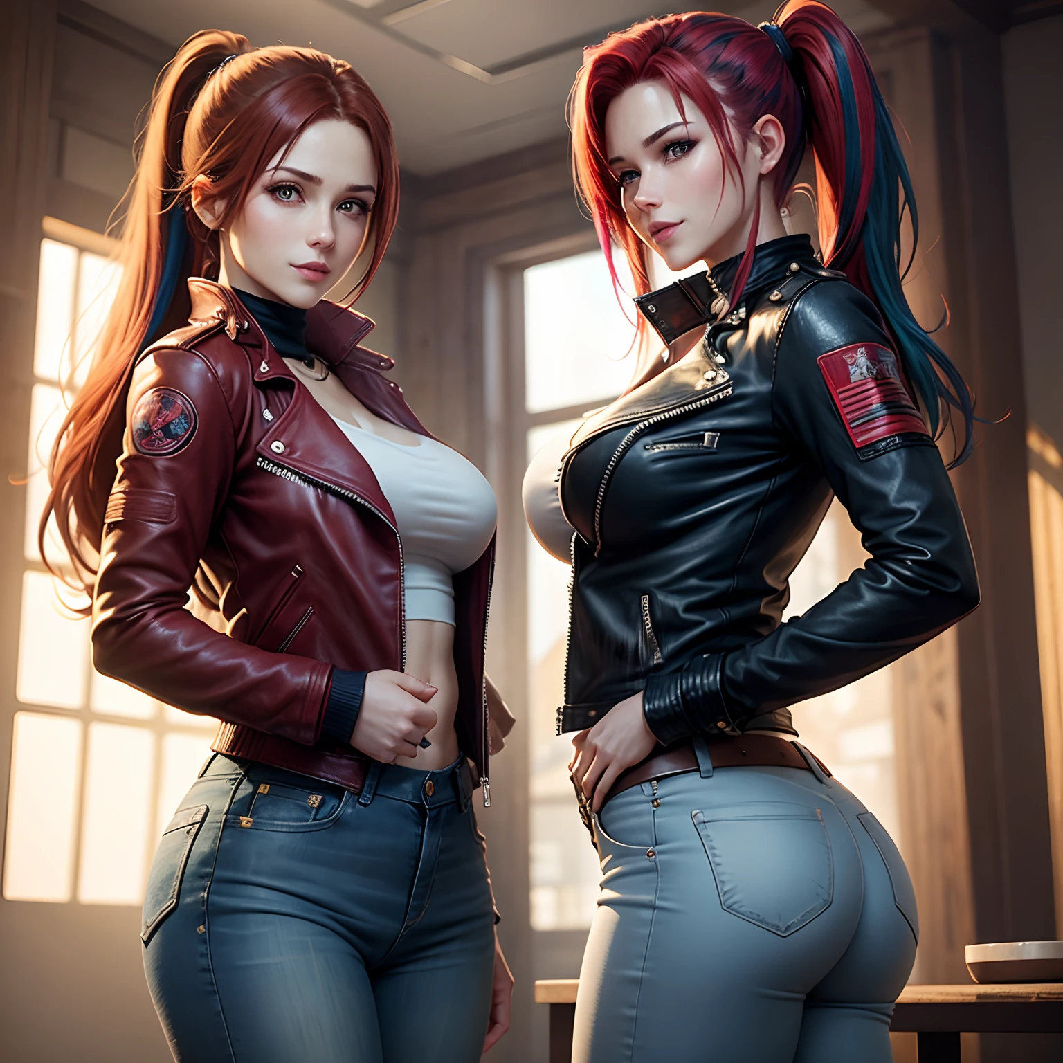 Claire Redfield、jeans、leather jackets、huge tit、poneyTail、multicolored hair、top-quality、​masterpiece、Beautie、Perfect facial features、a smile、Excellent style、