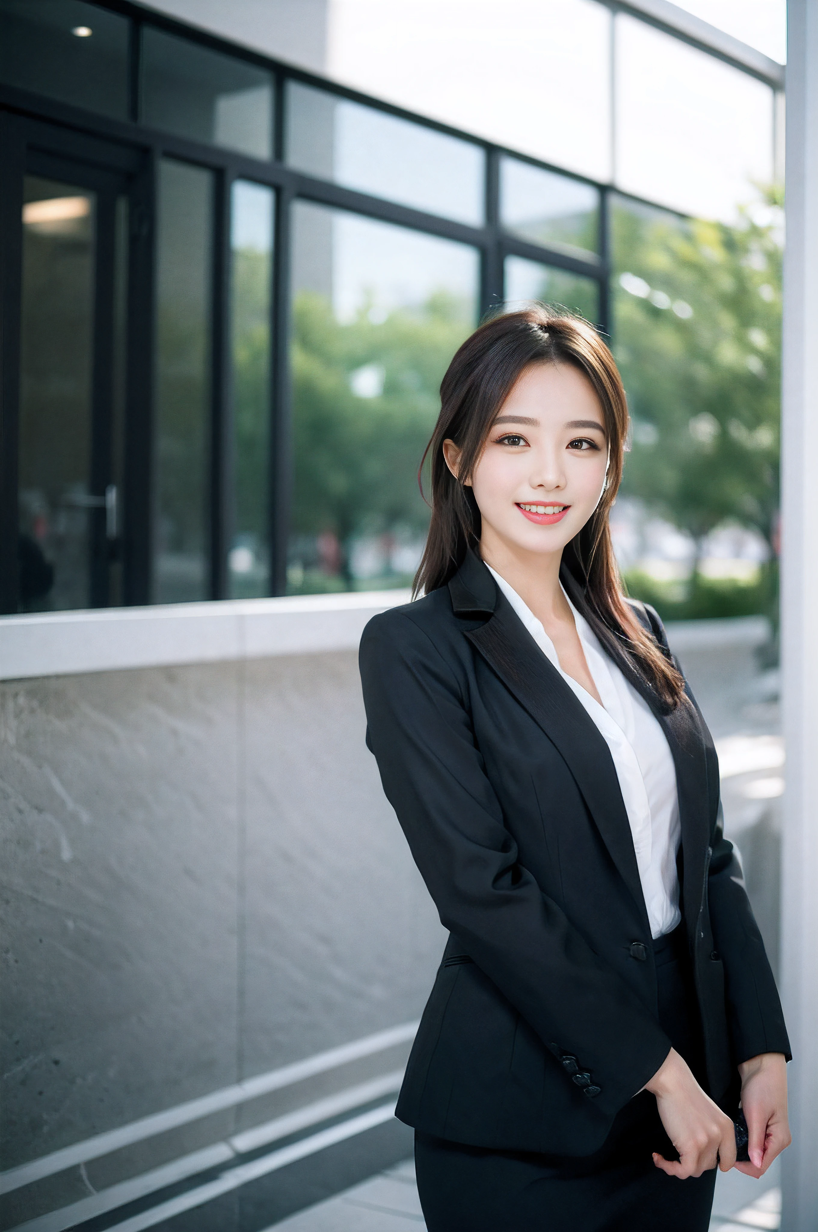 Wagas、Calling on your smartphone、Beautiful woman、business sui、Black jacket、White button shirt、tight skirts、a picture、A detailed face、Detailed lips、A detailed eye、a smile