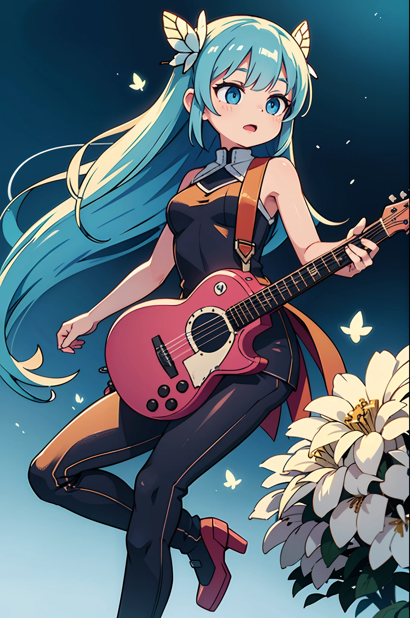 Octane Render、nffsw、(Hyper-detailing: 1.15)、(Soft light、sharp: 1.2)、songstress、sings、full body Esbian、long boots、ultradetailed eyes、Full Paint、(Floral hair ornament、butterfly hair ornament)、 masutepiece、Anatomically correct、Sing as if floating in the light、blur、blue-sky、depth of fields