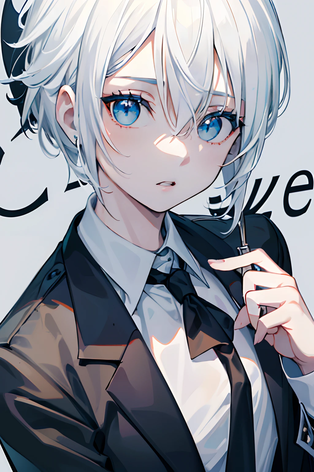 (masuter piece,Best Quality,Ultra-detailed), (A detailed face),Gojo Gojo, Solo, white  hair, Blue Eyes, bangss, white  shirt, Black tie,Black jacket, (in bad: 1.2), Looking at the viewer, (interview: 1.3), From  above, sharp contrast, Beautiful detailed eyes, Close Up Shot,magazine title