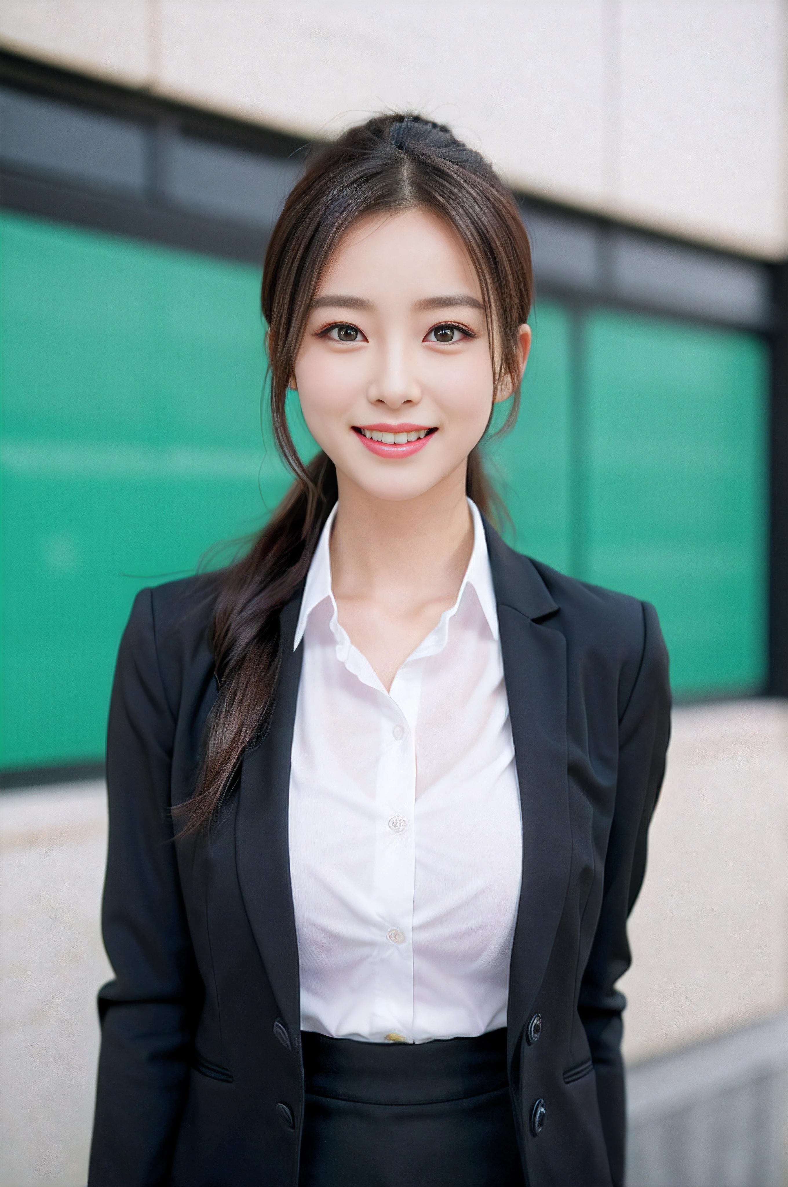 Wagas、Calling on your smartphone、Beautiful woman、business sui、Black jacket、White button shirt、tight skirts、a picture、A detailed face、Detailed lips、A detailed eye、a smile