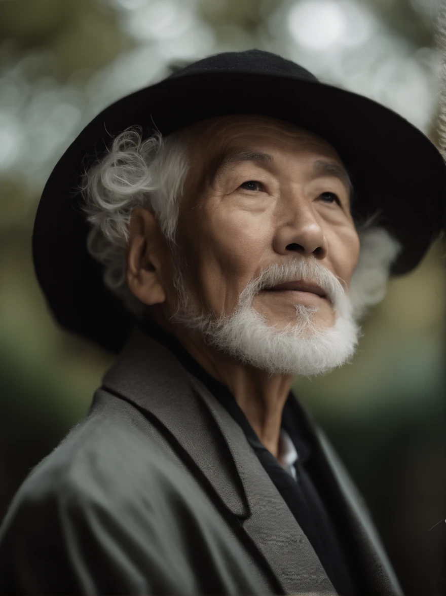Cinematic portrait , An 80-year-old Asian male,Thin and thin, (80 years:1.1), (shaved pubic hair:1.2), (very short white hair，A little curly:1.5),(Long beard:1.6).Dark coat, white  shirt . Minimalist background, Own composition, detalhe poderoso, Autumn background，the soft light, hasselblatt, RAW style
