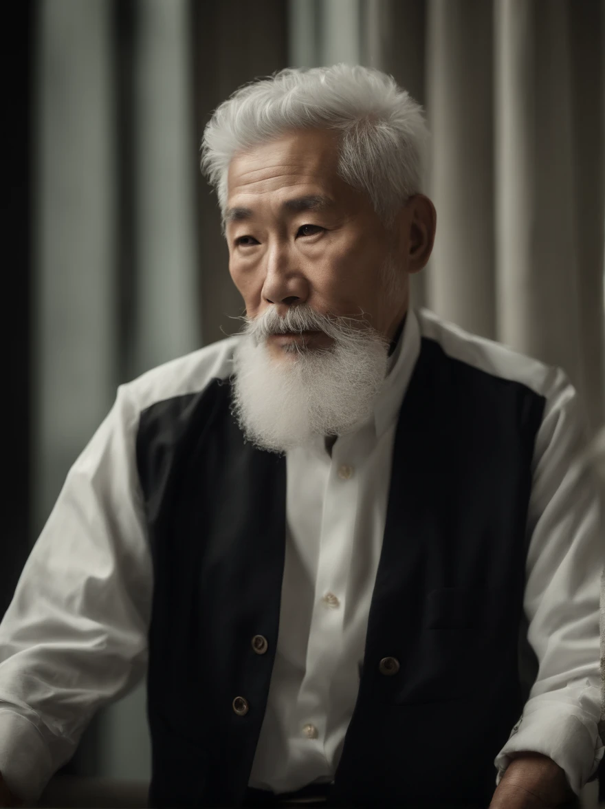 Cinematic portrait , An 80-year-old Asian male,Thin and thin, (80 years:1.1), (shaved pubic hair:1.2), (very short white hair,A little curly:1.5),(Long beard:1.6).Dark coat, white shirt . Minimalist background, Own composition, detalhe poderoso, Autumn background,the soft light, hasselblatt, RAW style